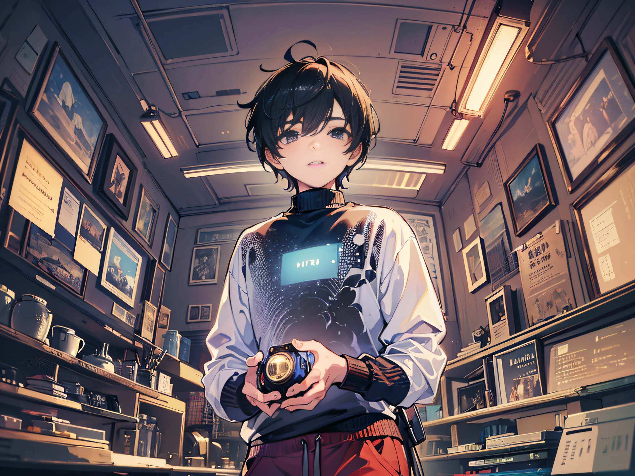 ((best quality)), ((ultra-detailed))). (((Masterpiece))), illustration. (A boy) was wearing a loose sweatshirt and loose pants. Pengsong's hair, in a dimly lit room, excitement, virtual reality, futuristic environment, surrounded by screens and wires