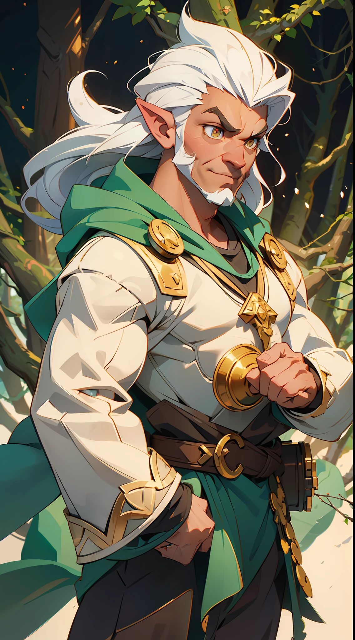an RPG dwarf, strong, muscular, long white hair, golden eyes, clothes of organic materials, (((background a magic forest)))).