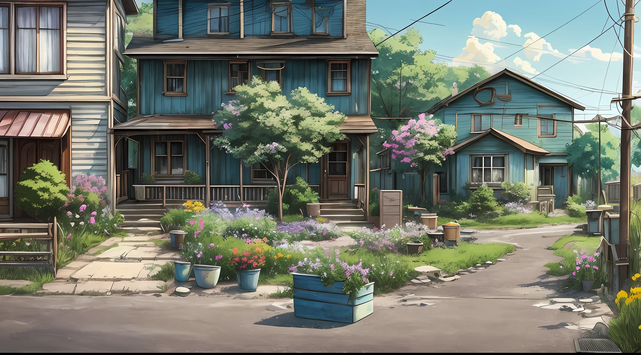 very cozy little place, hyper realism, (anime Makoto Shinkai:0.4), old shabby house in city street, home wiring, outdoors, sky, cloud, day, scenery, tree, blue sky, building, sign, wires, railing, wide shot, utility pole, town, wilderness, flowers, a lot of utensils lying around in a mess