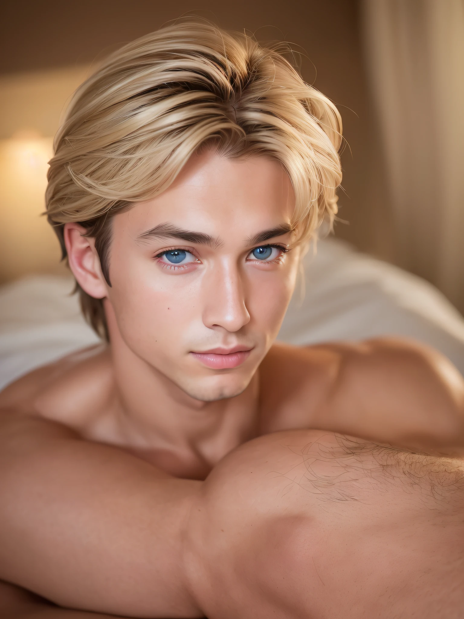 (RAW photo, best quality), (realistic, photo-realistic:1.3), (high detailed skin:1.2), MASTERPIECE, maximum quality, Super Detailed, (professional photo), Amazing, finely detail, huge filesize, ultra-detailed, highres, absurdres, there is a young boy with blond hair and blue eyes in a bed, Room background, western boy, handsame, cute, smile, hot, male model, Beautiful Detailed Eyes, realistic faces, realistic body, light tan skin, sexy masculine, thin, skinny, big bulge , big rounded ass, Look at your audience, (1 person, mature face), natural, close up shot, soft light, by Adam Dario Keel, Canon 5D, ISO 6400, photography,