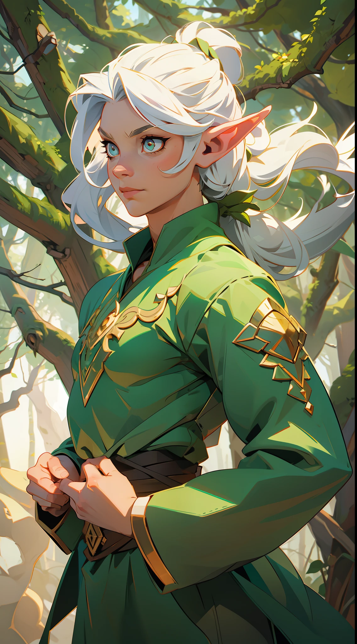 an RPG elf, strong, muscular, long white hair, golden eyes, clothes of organic materials, (((background a magic forest)))).