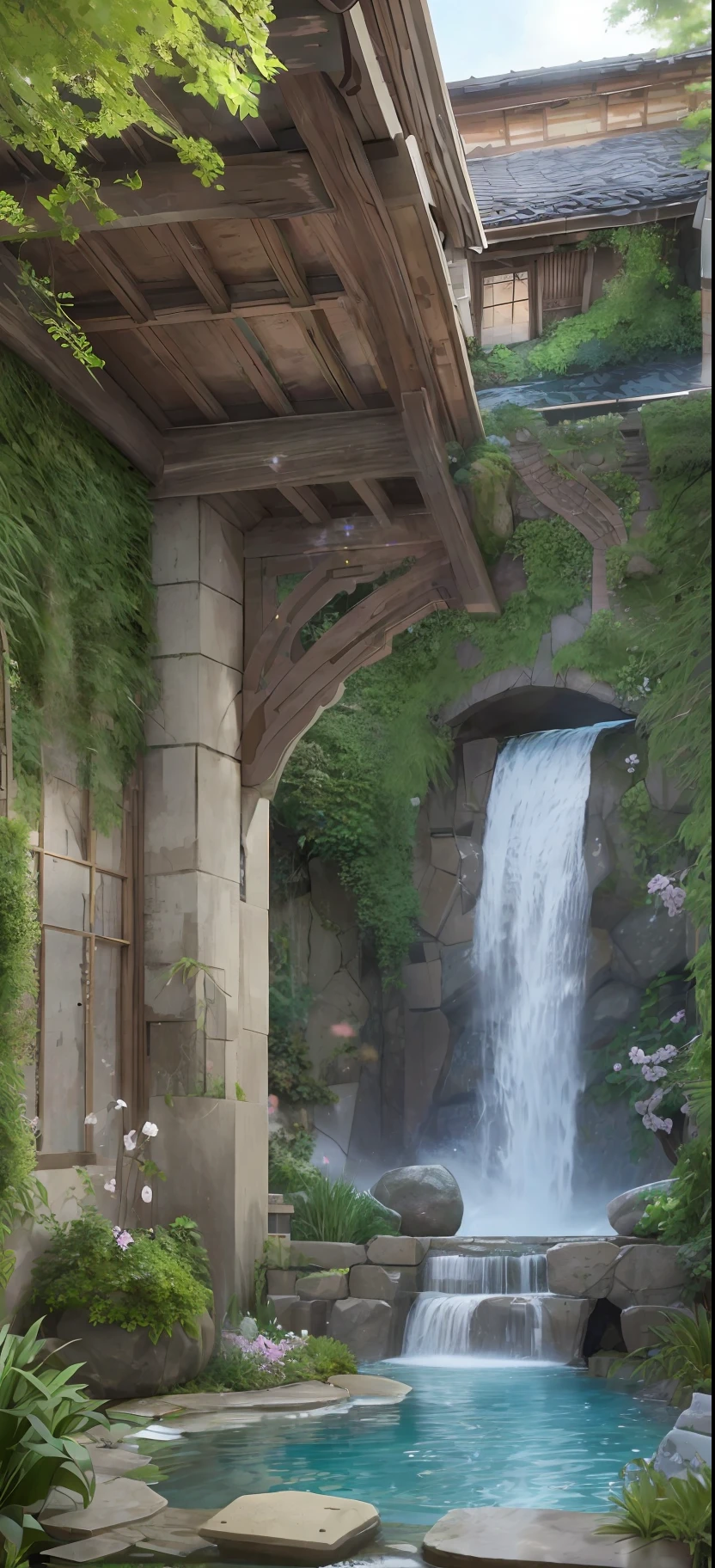 anime scene of a courtyard with a pool and a waterfall, anime scenery concept art, overgrowth. by makoto shinkai, relaxing concept art, traditional japanese concept art, a beautiful artwork illustration, studio glibly makoto shinkai, makoto shinkai. high detail, anime background art, detailed 4k concept art, environment design illustration, concept art highly detailed