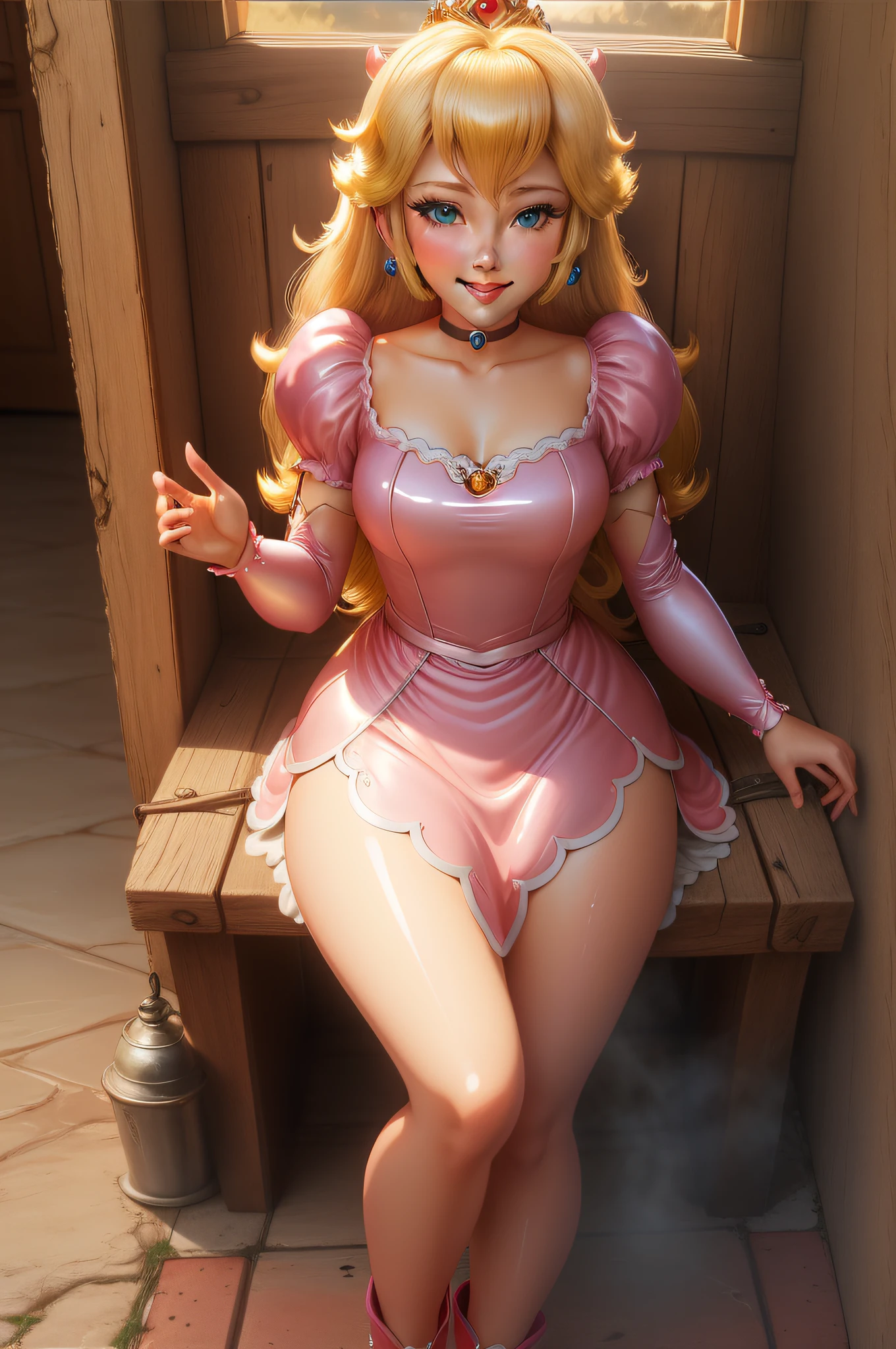 highres, masterpiece, perfect ligthing, flower, cinematic lighting, adult, perfect skin, female, ((cowboy shot)), Wide-Legged sitting forward Curved, smile, narrow waist, thin, (PrincessPeach), (Princess Peach), (pink dress: 1.6), choker, detailed eyes, blue eyes, choker, sensual, pink lips, ((shiny lips)), pumps, shiny skin, oily skin, beautiful light, (day: 1.3), shiny, bathroom, sweat drops, wet clothing, steam