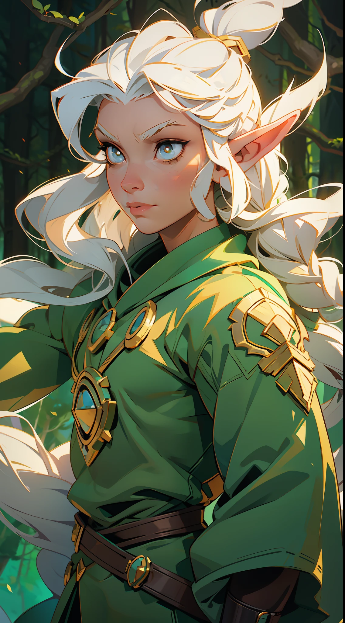 an RPG elf, strong, muscular, long white hair, golden eyes, clothes of organic materials, (((background a magic forest)))).