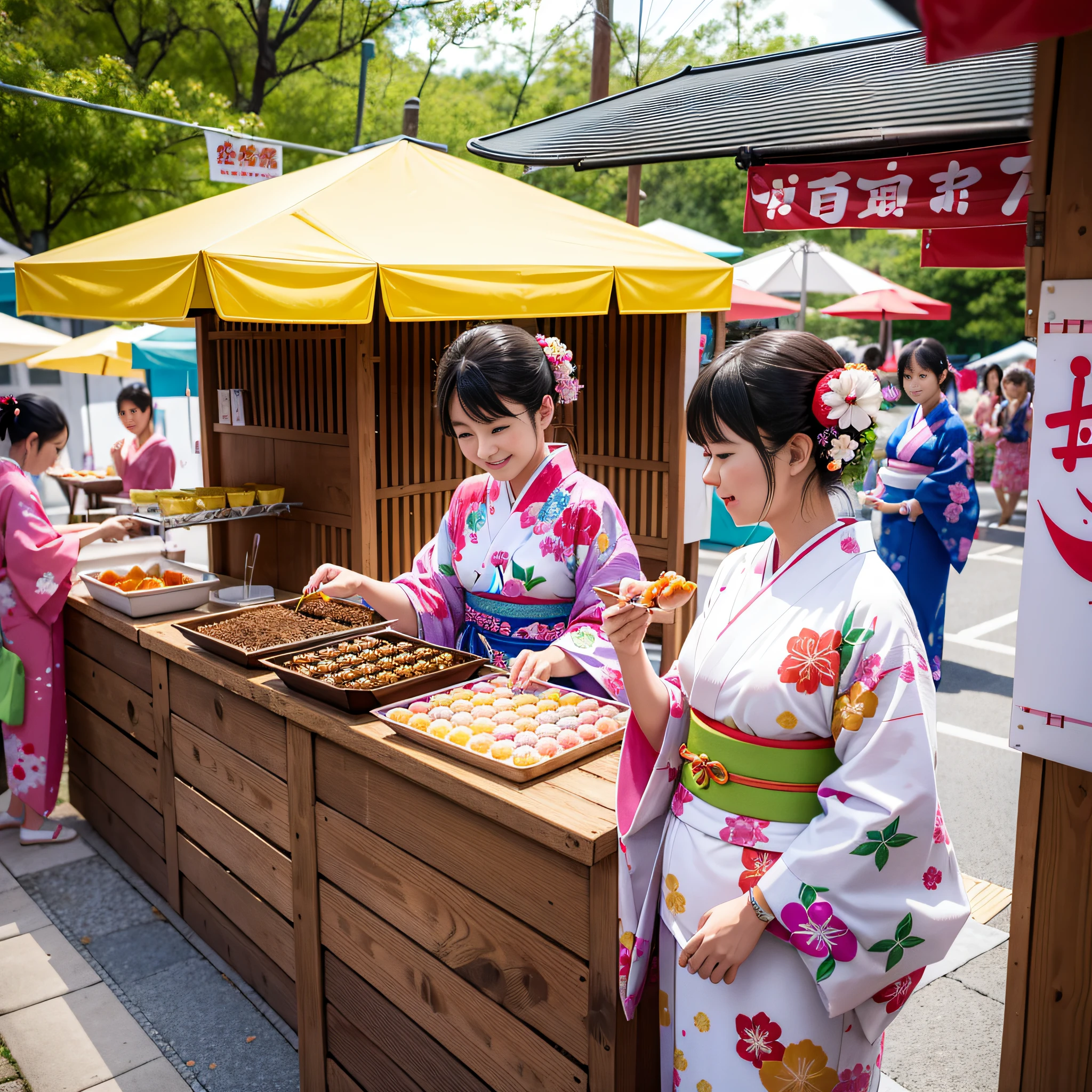 Festival, cotton candy, takoyaki, apple candy, numerous women dressed in kimono and yukata, food stalls, fun, served on wooden plates, goldfish scooping, colorful and sparkling.