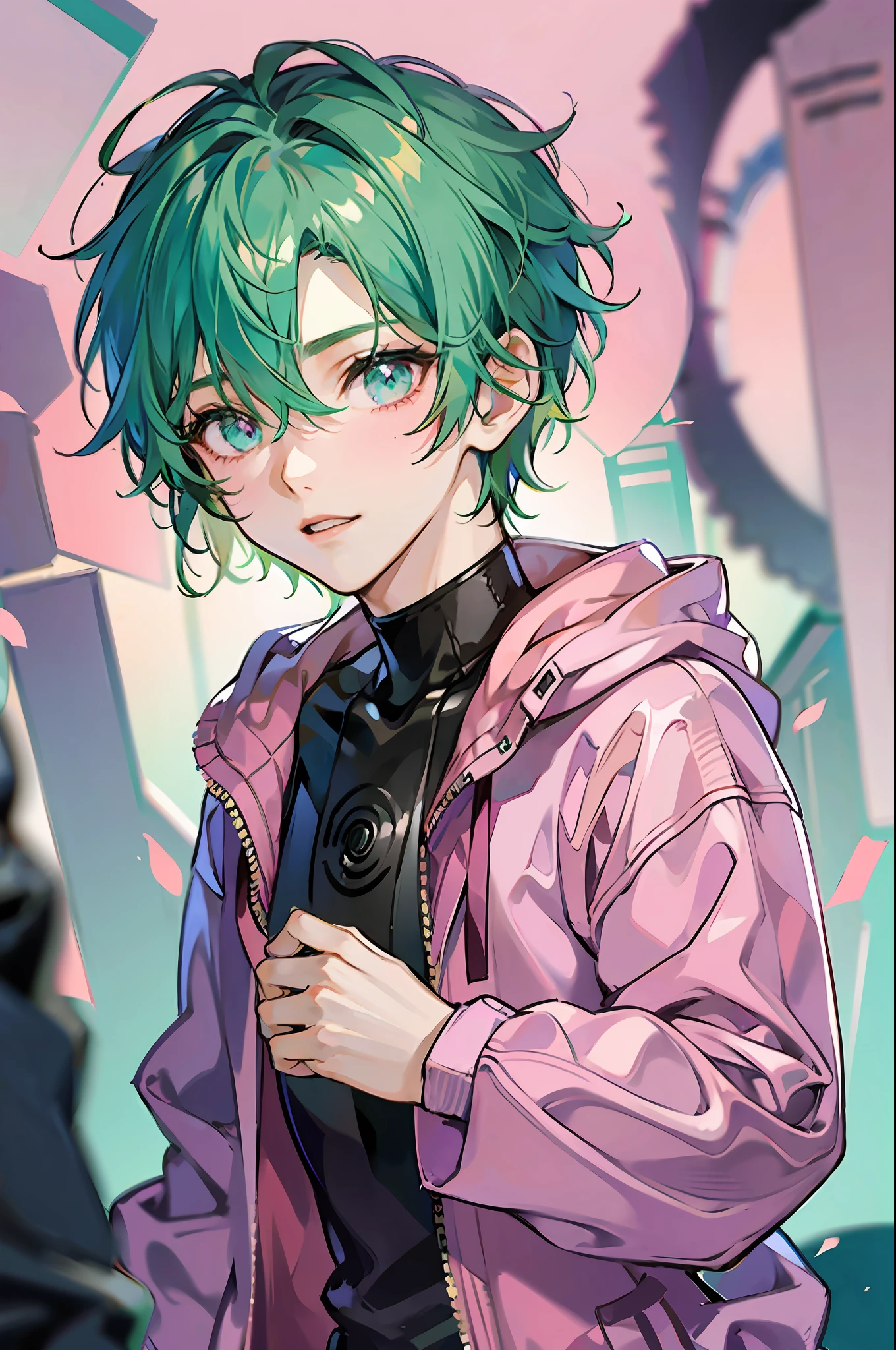 1 boy, young alien boy, messy short green hair and pink eyes, intense pink skin, futuristic clothes, blushing