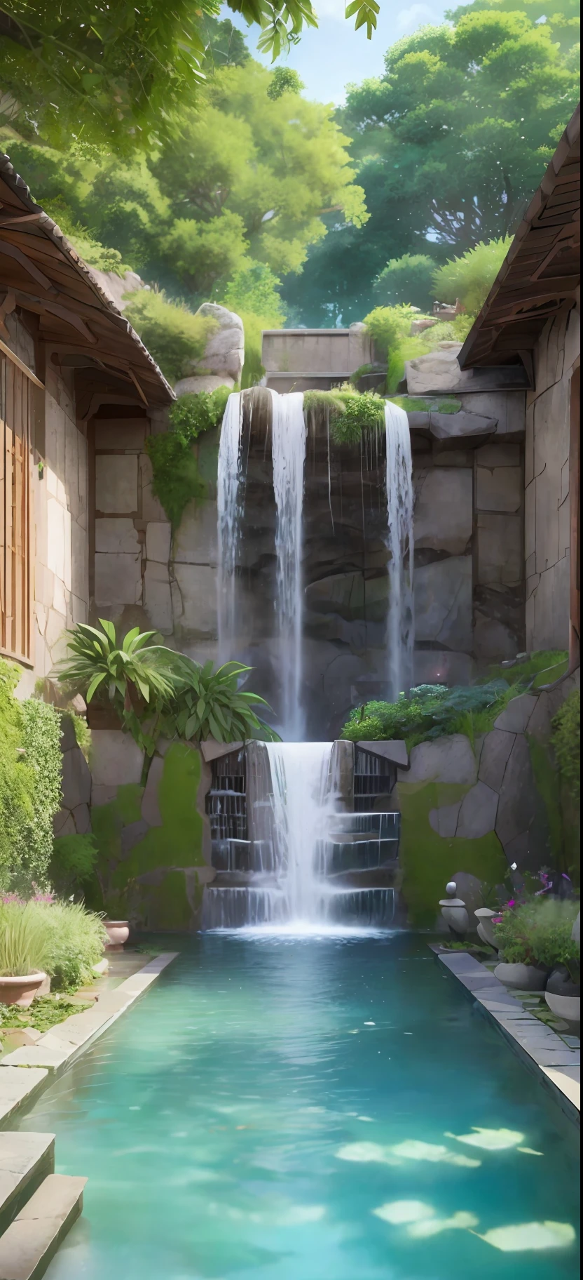anime scene of a courtyard with a pool and a waterfall, anime scenery concept art, overgrowth. by makoto shinkai, relaxing concept art, traditional japanese concept art, a beautiful artwork illustration, studio glibly makoto shinkai, makoto shinkai. high detail, anime background art, detailed 4k concept art, environment design illustration, concept art highly detailed