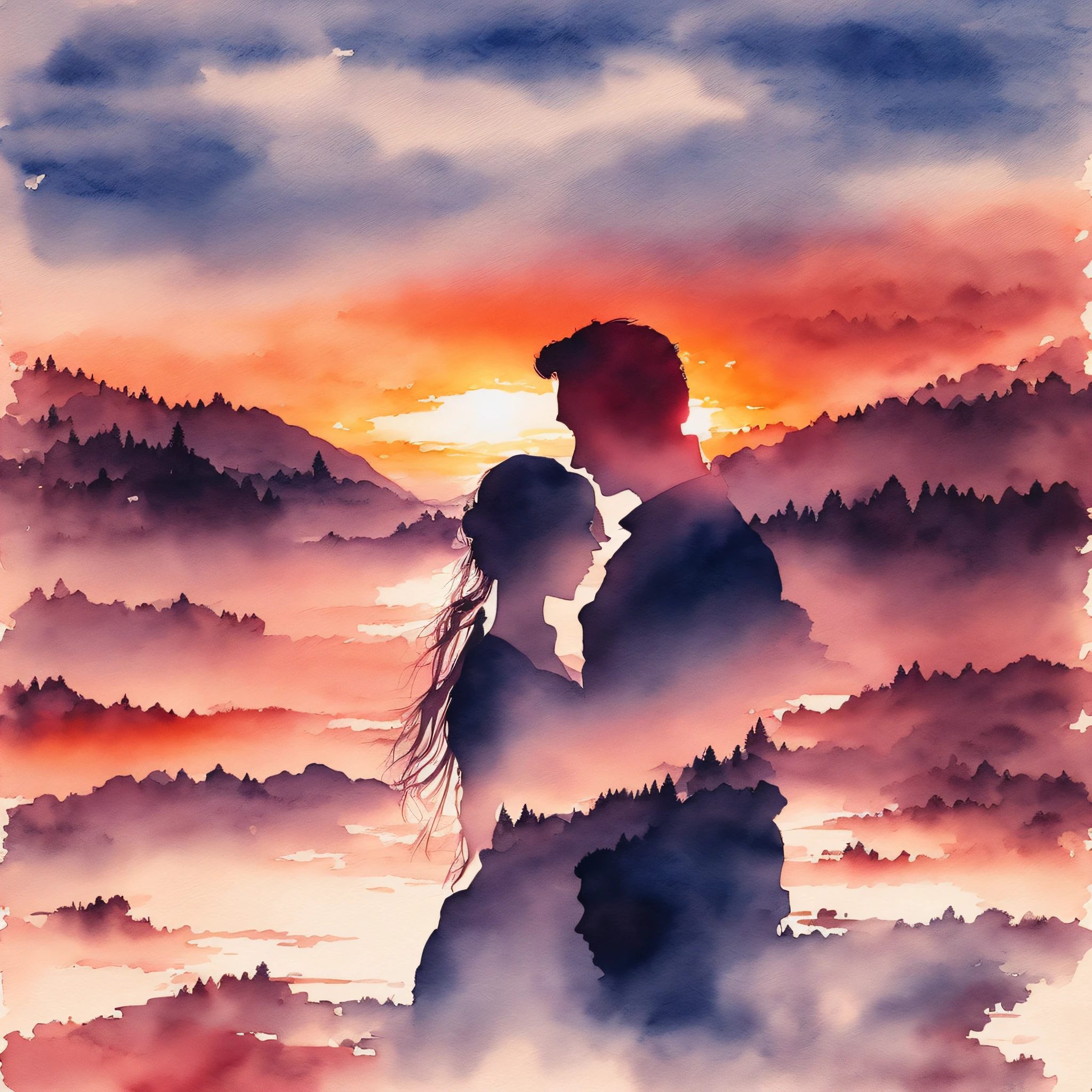 Silhouette of a couple embracing at sunset, highlight the landscape, watercolor art --auto --s2