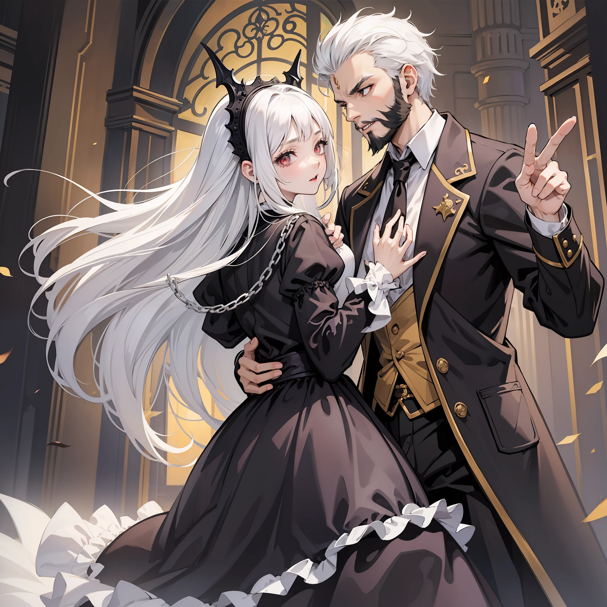(best quality), detailed background, girl white hair,, horror, vampire, nobility, girl dancing with black hair man, black beard, castle
