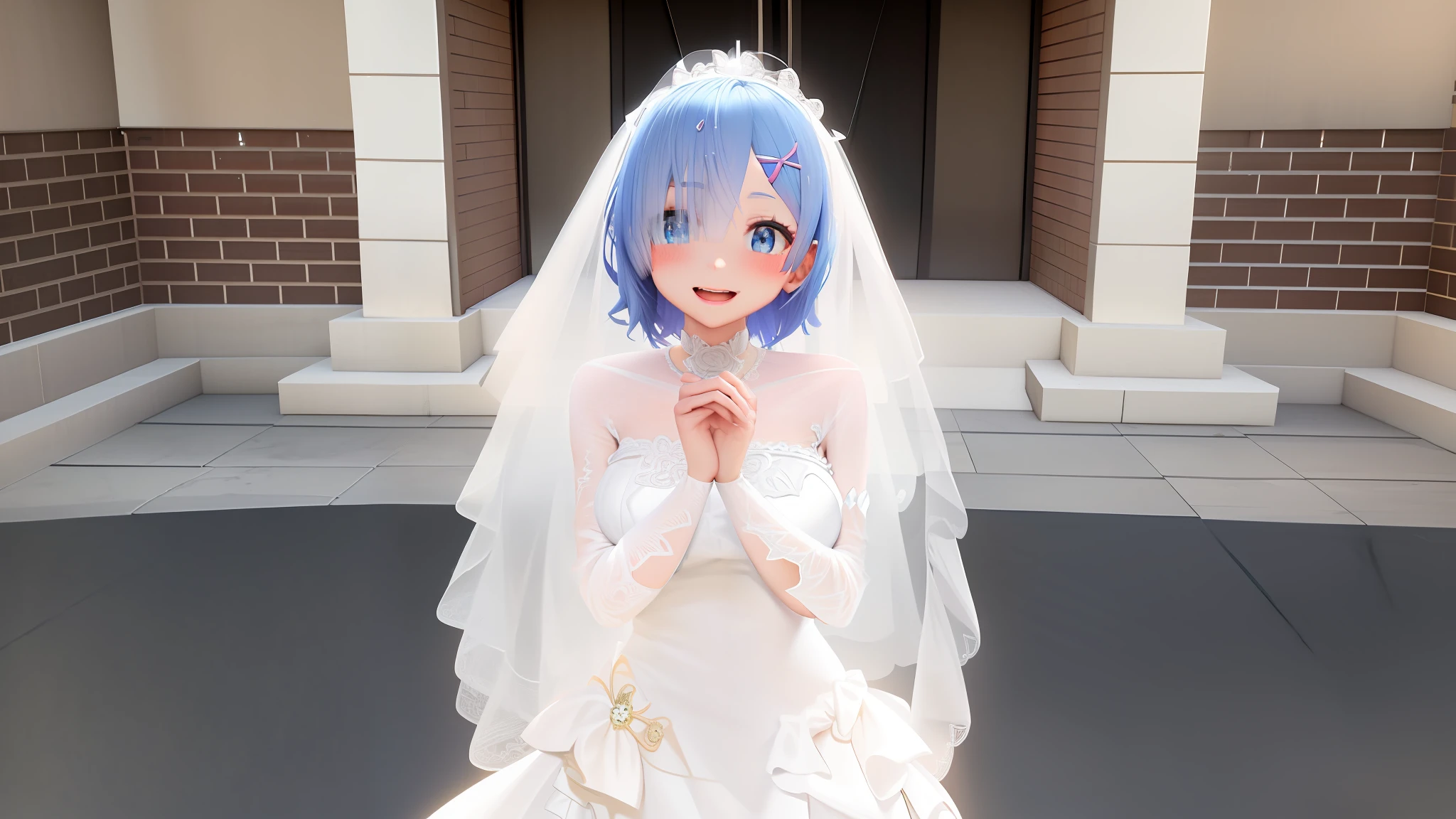 anime - style bride in a wedding dress poses for a picture, in dress, veil, anime styled 3d, hololive, rem rezero, live2d virtual youtuber model, pixiv 3dcg, bride, visual novel cg, wearing a wedding dress, wedding, realistic anime 3 d style, wearing a veil, 8k!!