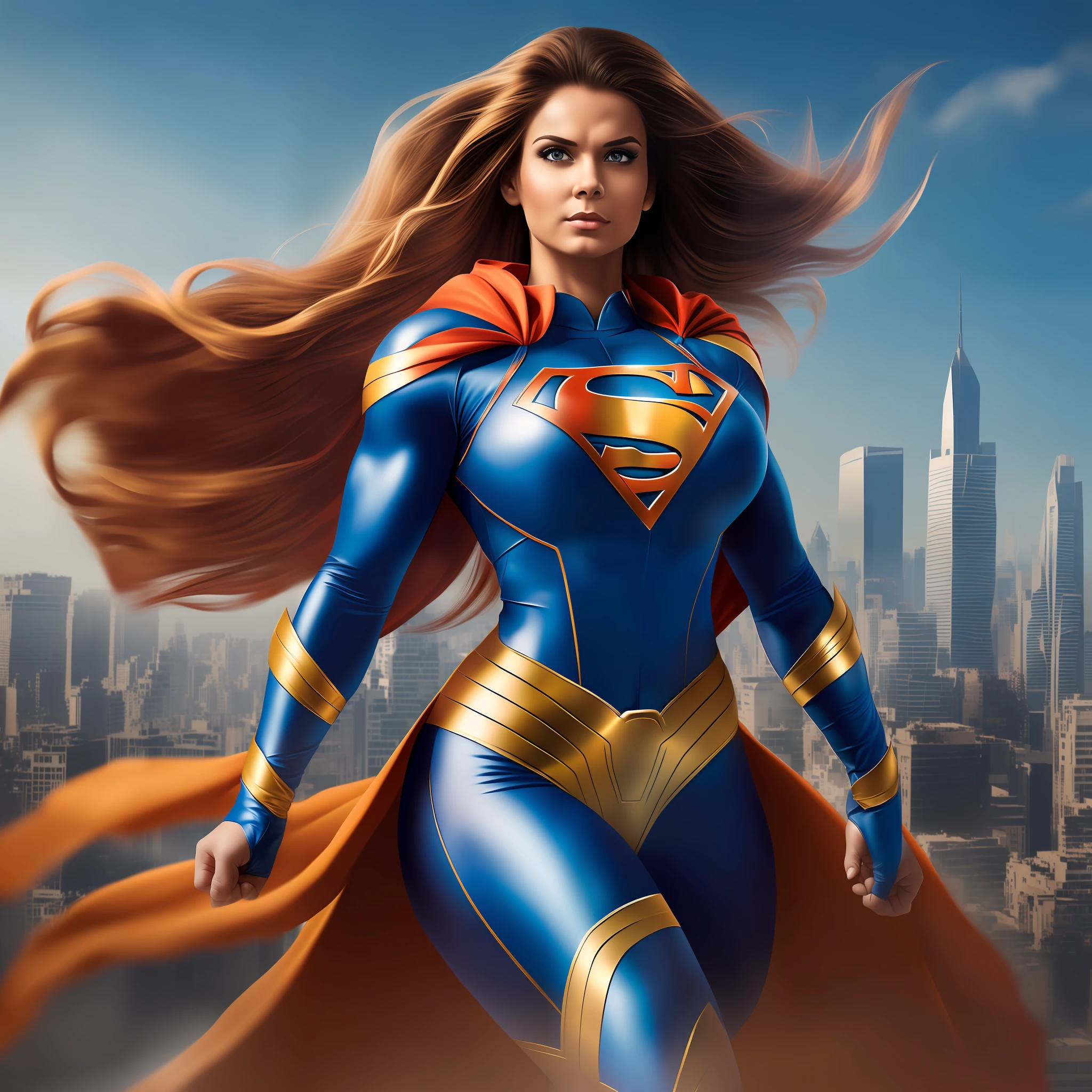 A brave superwoman, dressed in a gleaming costume, looms majestically over the city. Her hair flutters in the wind as she displays a determined, confident expression. With defined muscles and eyes full of determination, she embodies strength and courage