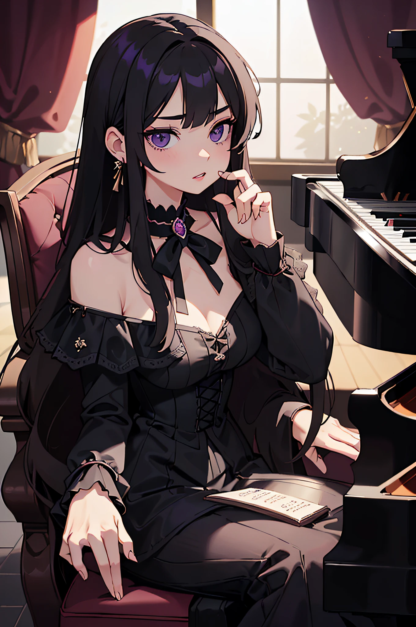 (masterpiece), (portrait), (aesthetic), (beautiful), (upper blody), (high quality), (aesthetic clothings), (professional angle), (rule of thirds), (Feminine), (woman), (female), (beautiful),(feminine features), (25 years), solo, 1 woman, (attractive Gothic Girl), Autumn, Dim light, ((Playing Piano)), (Sitting), Dark Makeup, (Average bust), ((Grand Piano)), (Front face), (Mysterious expression), ((Melancholy)), (Choker and Lace Gloves), ((Long hair)), (Black hair), (Straight hair), (Fine hair), Matte shine hair, (- in hair), (Purple eyes), (Elegant and Enigmatic look), (Fair skin), (Dark Colors clothing), (Victorian Dress), (-), (Long Skirt), Off-Shoulder neckline), ((Gothic Mansion background)), (Medium Shot Shot), beautiful hands, two hands, normal hands, two arms, complete hands, beautiful body, beautiful fingers, normal fingers, five fingers, five fingers, (Thumb index meddle ring little fingers), beautiful ears, normal ears, beautiful eyes, shiny eyes, beautiful mouth, beautiful lips,