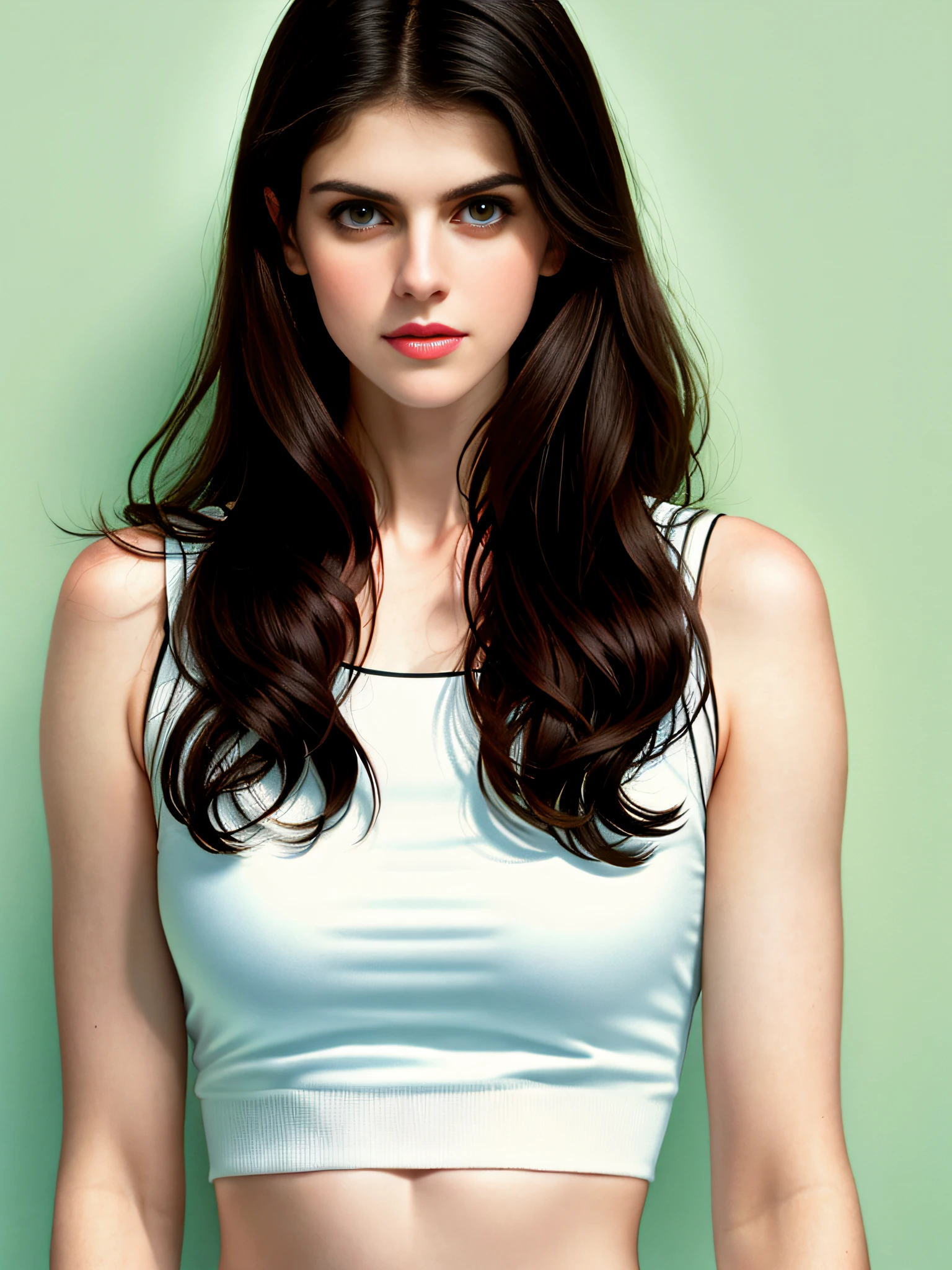 analog style portrait of a cute Alexandra Daddario with black hair