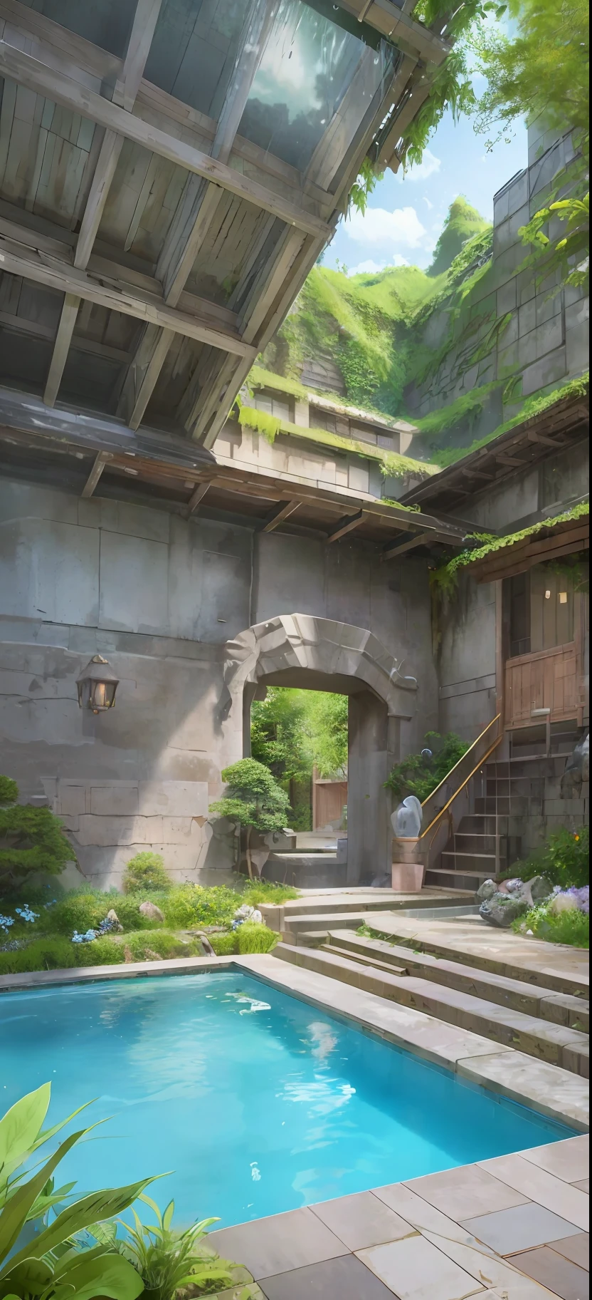 anime scene of a courtyard with a pool and a waterfall, anime scenery concept art, overgrowth. by makoto shinkai, relaxing concept art, traditional japanese concept art, a beautiful artwork illustration, studio glibly makoto shinkai, makoto shinkai. high detail, anime background art, detailed 4k concept art, environment design illustration, concept art highly detailed