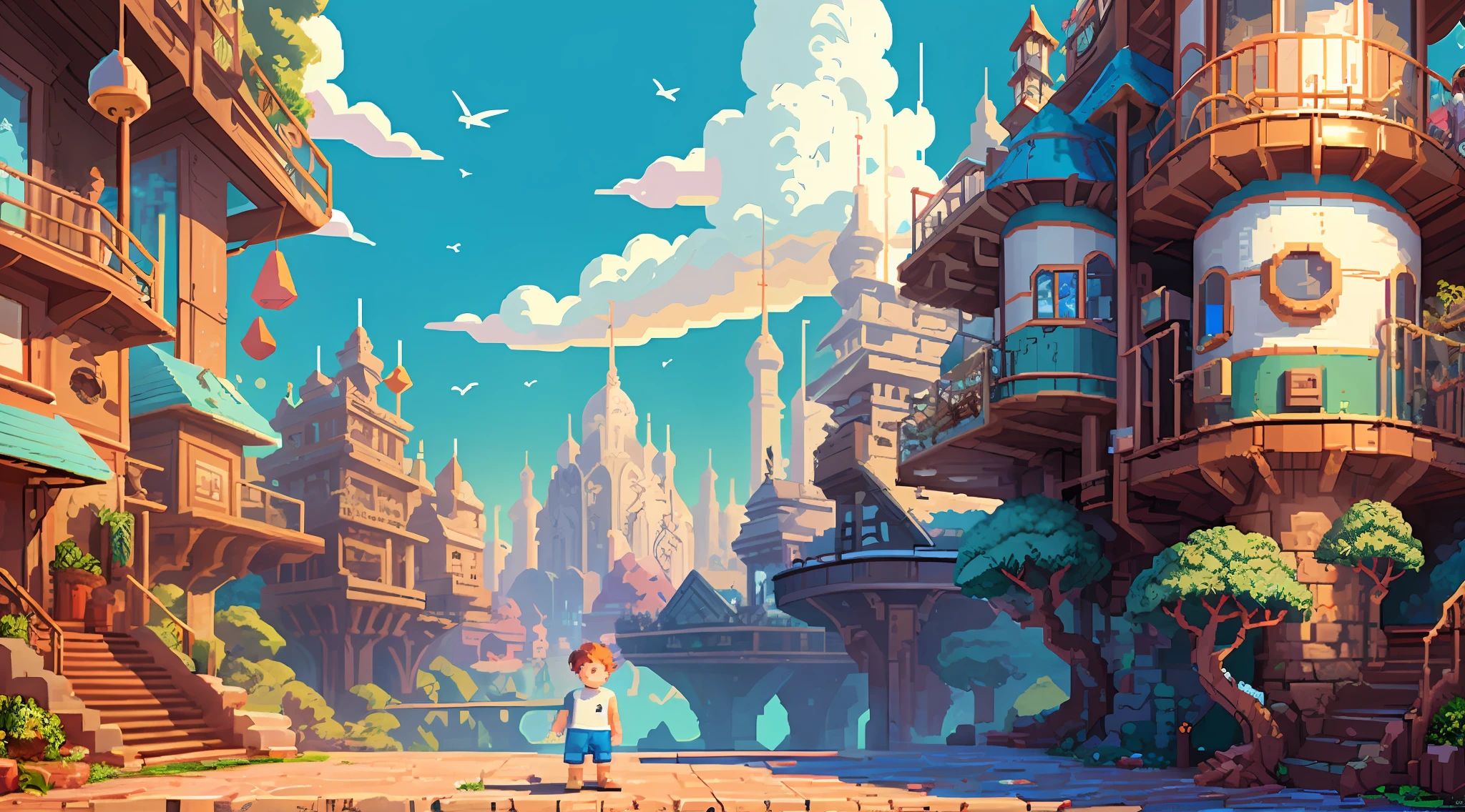 Pixel art, solid color clean background, cute boy, white short sleeves, blue shorts, (panorama: 1.2), standing, smiling
