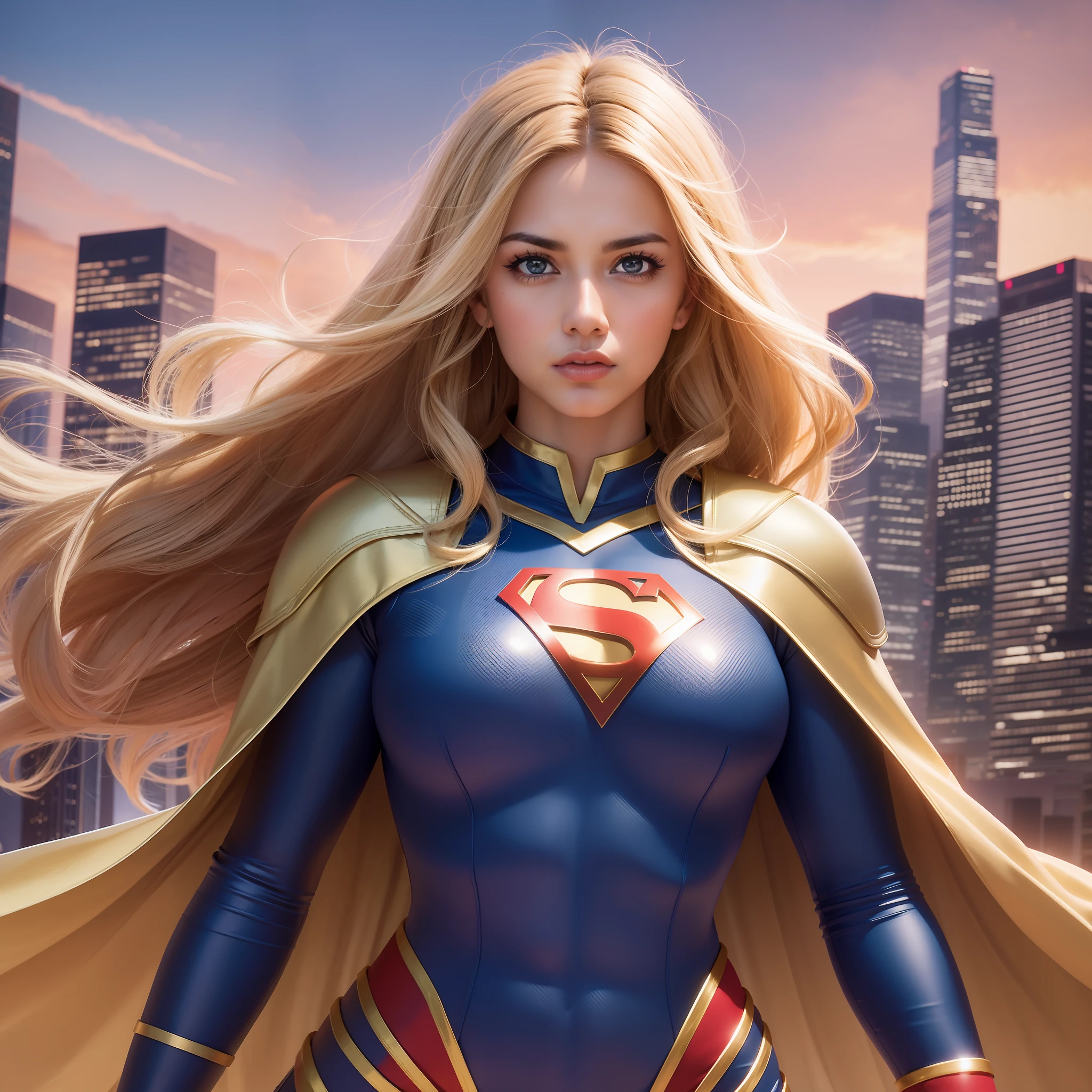 A brave superwoman, dressed in a gleaming costume, looms majestically over the city. Her hair flutters in the wind as she displays a determined, confident expression. With defined muscles and eyes full of determination, she embodies strength and courage