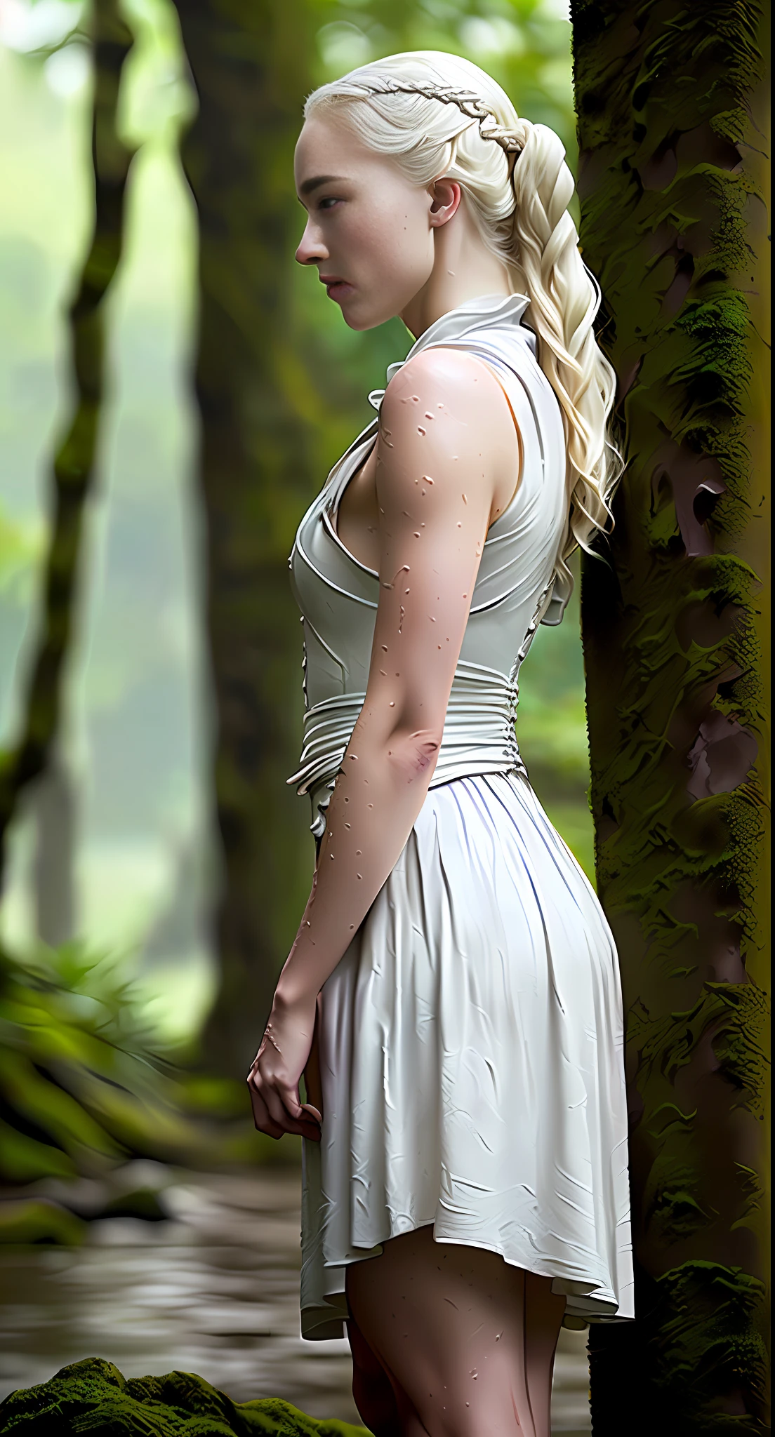 daenerys targaryen from game of thrones, photo taken from afar, wet white skirt, rear profile,looking to the side, jungle background, detailed, wet mud floor, rainy weather, digital painting, art station, concept art, breathtaking, high detail, very detailed, beautiful, shooting scenery, hyperrealism, Unreal Engine 5,