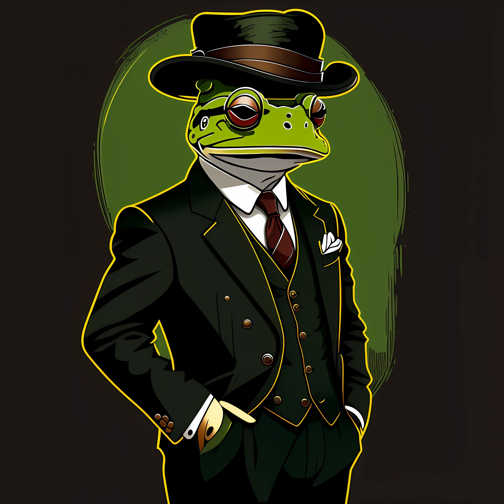 A frog in peaky blinder style, suit, drawing, vectorized, logo, minimalist, cartoon,(high quality))((artwork)) dark background --auto --s2