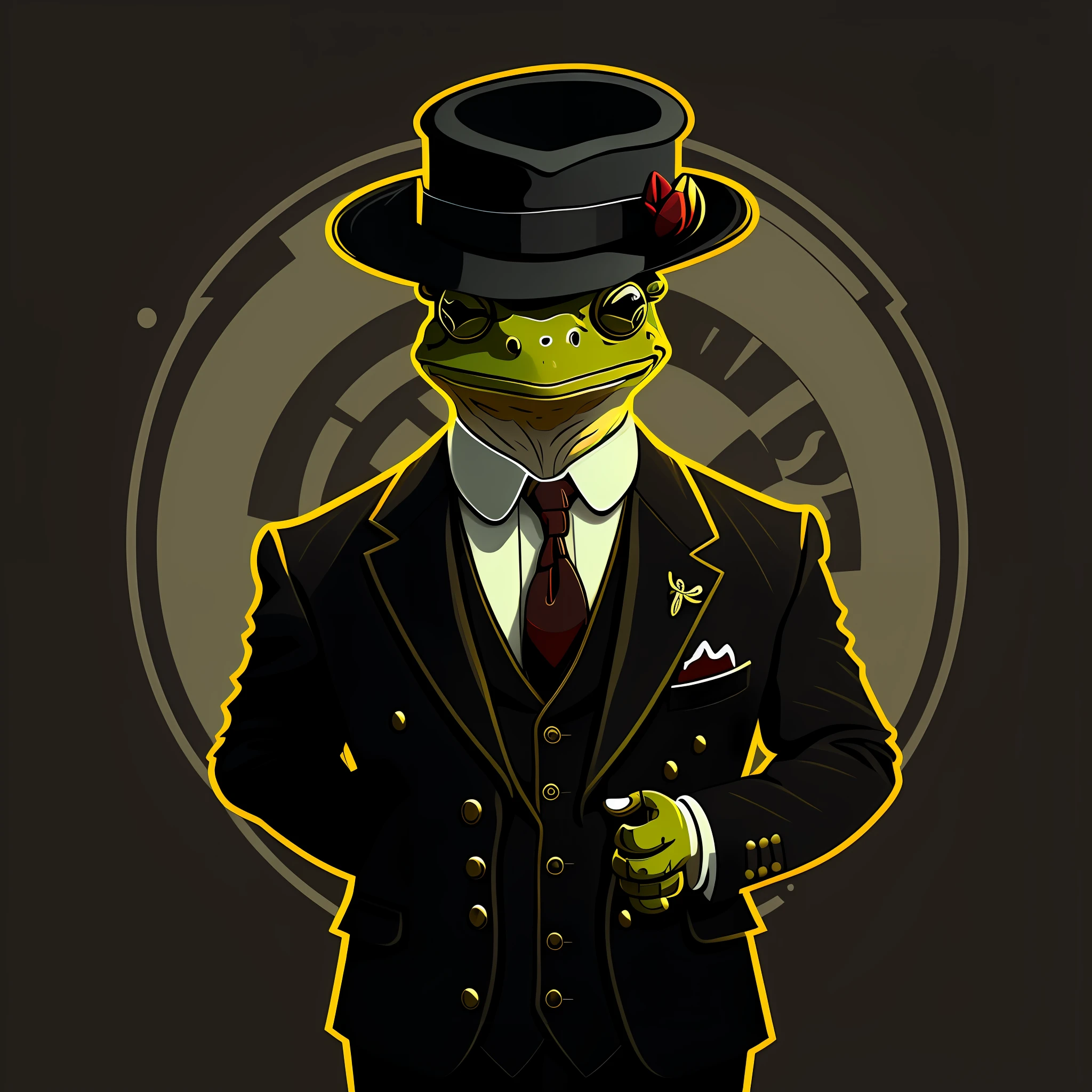 A frog in peaky blinder style, suit, drawing, vectorized, logo, minimalist, cartoon,(high quality))((artwork)) dark background --auto --s2