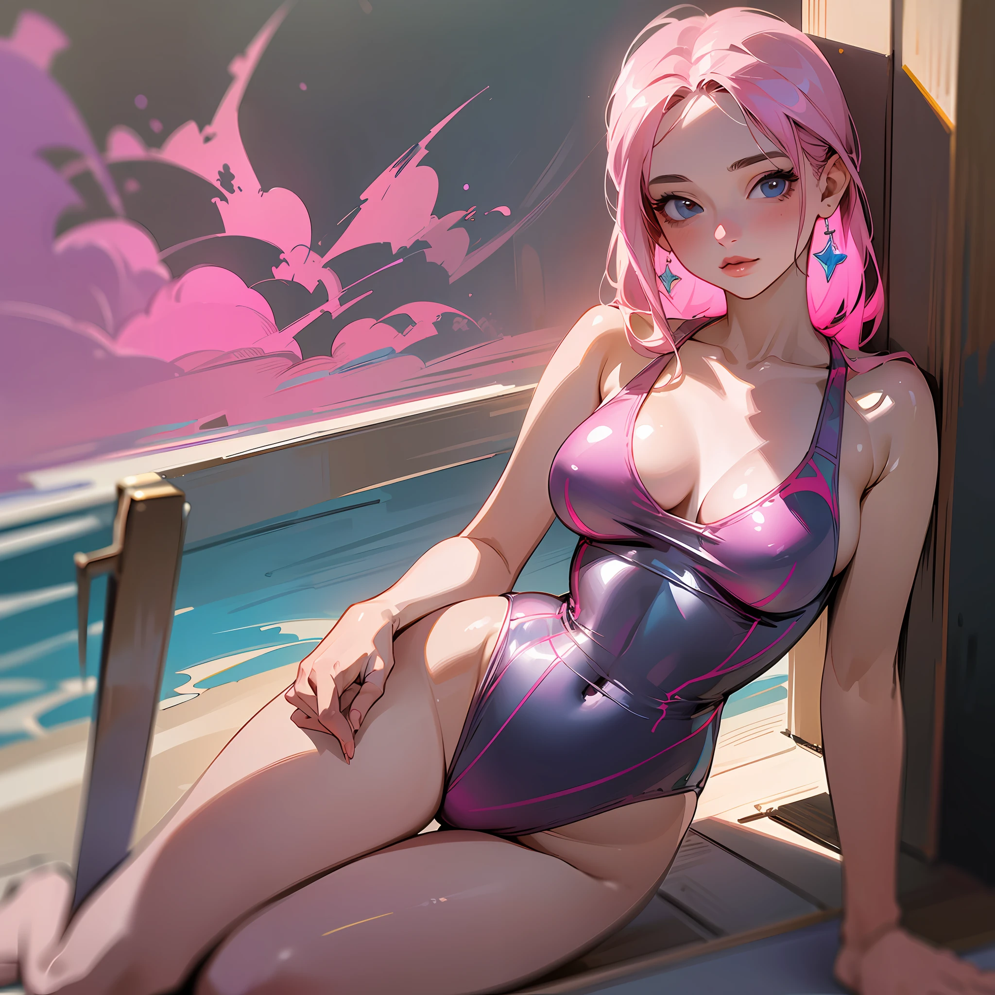 (8k), (best quality), (masterpiece: 1.2), (realistic), (photorealistic: 1.37), super detailed, one girl, viewer is watching, full body, 25 years old, pink one-piece swimsuit