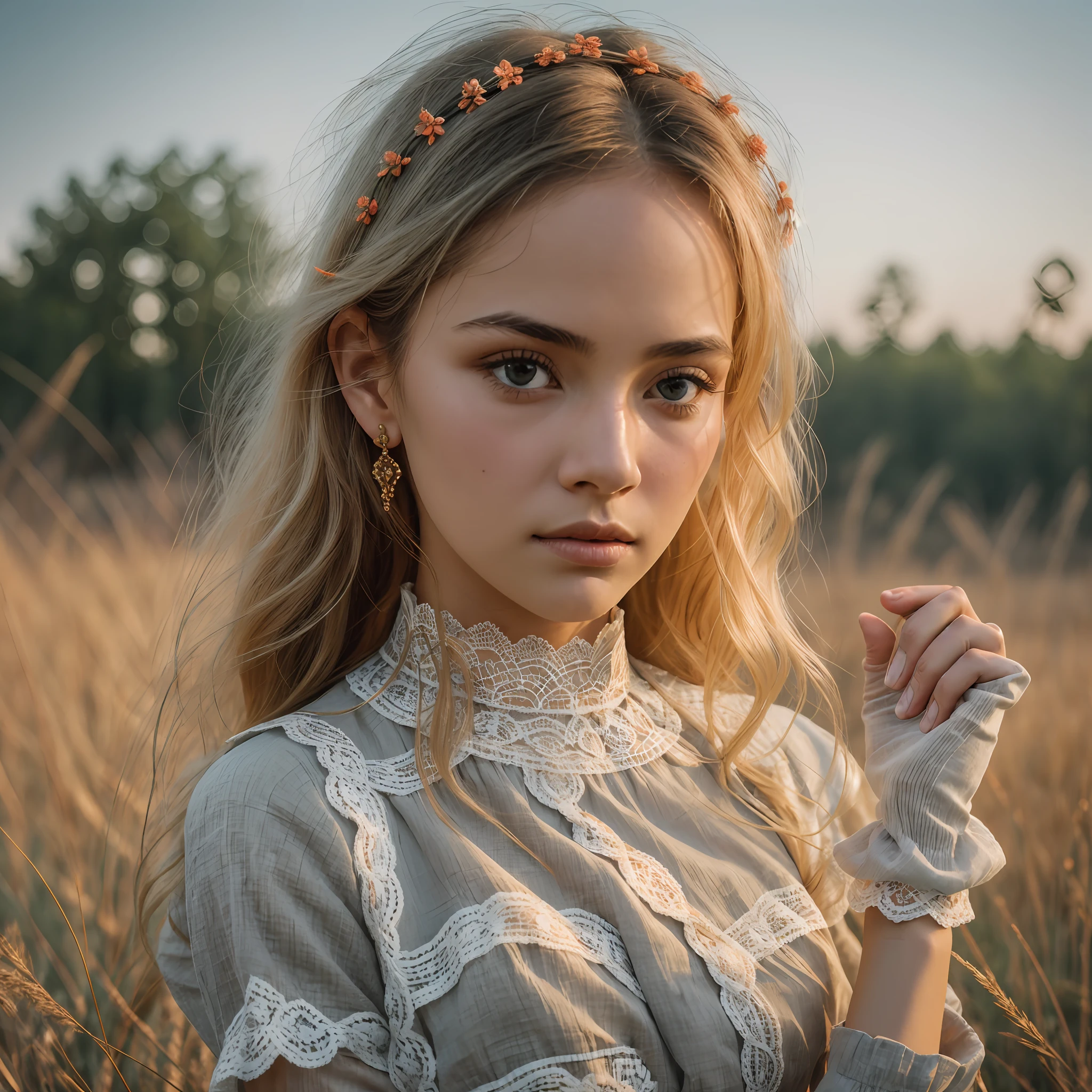 wide angle photo photograph closeup close up body portrait of a Afghan pale girl (Honey Blonde long Cropped Cut Haircut), (posing outside amidst an intricate Grassland prairie shore outside Chengdu:1.1), crowded street with cafes in the distance, cold dark sunset at dusk, flare, orange red glow, (rim light:1.1), (wearing Linen-cotton blend Slate gray victorian collar ornate lace and long gloves:1.1) garter, (little chest), (Hands behind her head), (focus on the eyes), angelic, beautiful face, (annoyed look), (harsh light on skin:1.2), (hard shadows, dark theme, unlit, dim lighting, deep contrast:1.1), (Annie Liebovitz portrait photography), Mint and coral aesthetic dark theme, (skin imperfections, freckled:0.4) --auto --s2