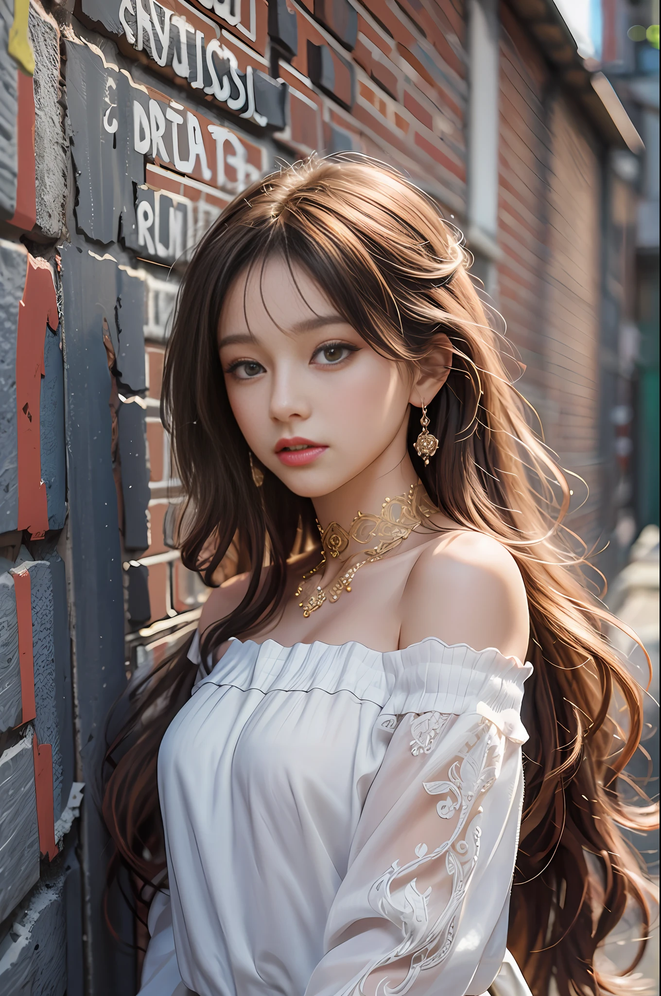 ultra realistic 8k cg, masterpiece, ((ultra detailed background, delicate pattern, intricate detail)), best quality, intricate details, chromatic aberration, 1girl, long hair, golden hair, messy hair, red highlights, hair over one eye, sharp eyes, choker, brick wall, graffiti, dim lighting, alley, oversized shirt,off shoulder, see through white shirt, Masterpiece, best quality