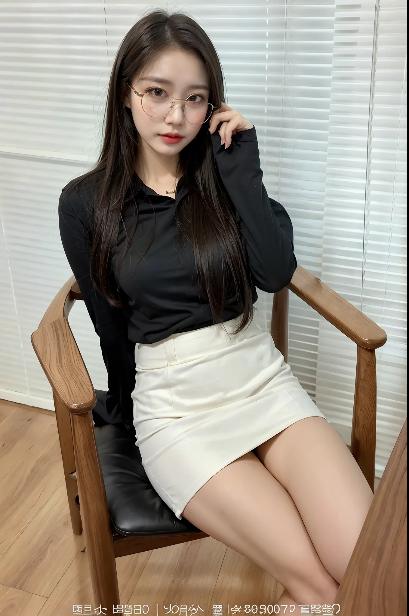 There is a woman sitting in a chair with glasses, office clothes, elegant slim beige shirt, business clothes, tight plain white clothes, wearing tight simple clothes, wearing white skirt, wearing a blouse, jia, korean woman, business woman, pencil miniskirt, wearing casual business dress, Korean women's fashion model, with glasses, with black, with white