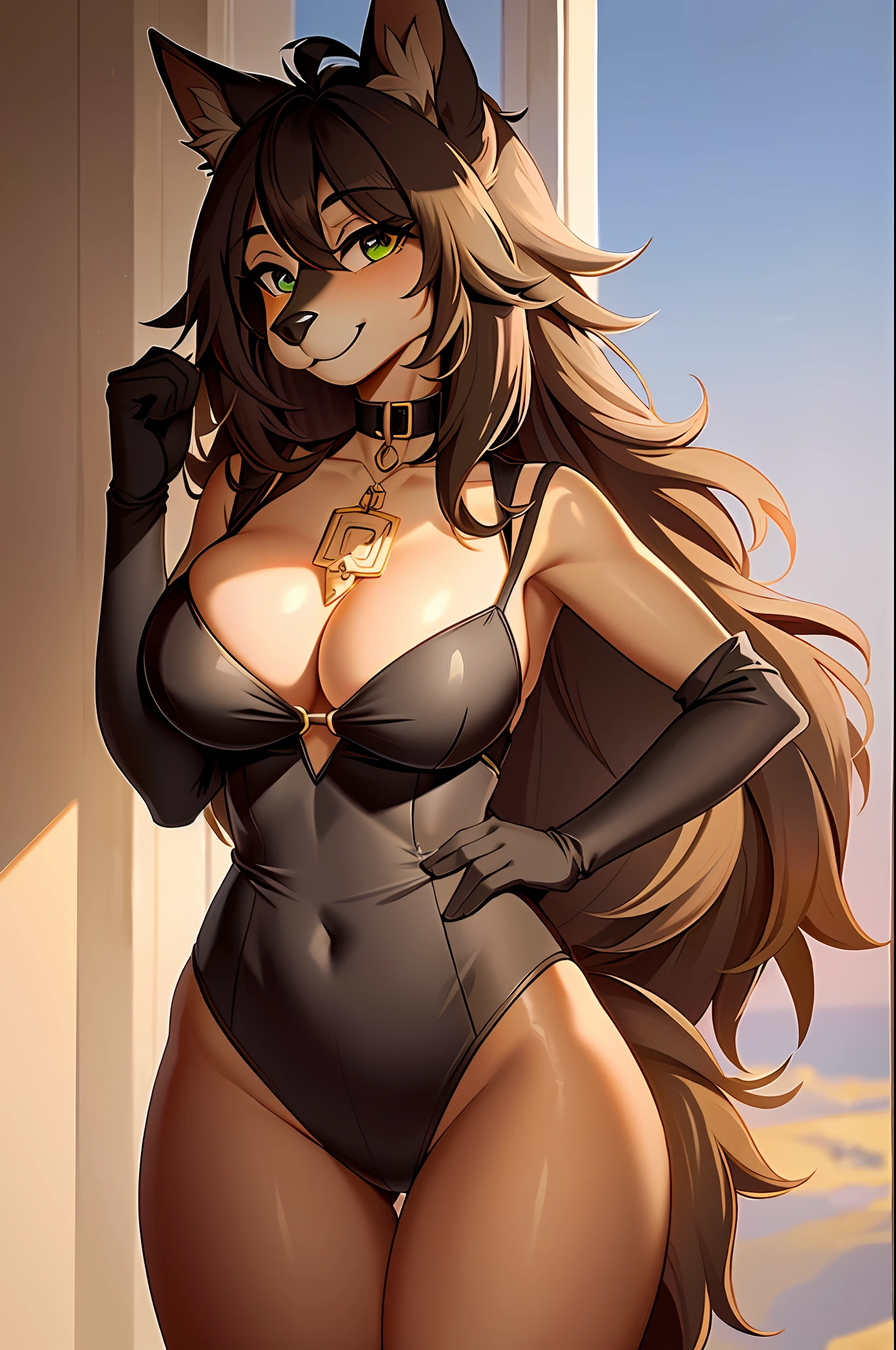 masterpiece, best quality)), (Anthro furry:1.3, muzzle:1.2, anthro:1.3, furry:1.2, cleavage,cute face, virgin face, neckline,big breasts,sexy face and smile, back looking sideways at the viewer, with sexy face