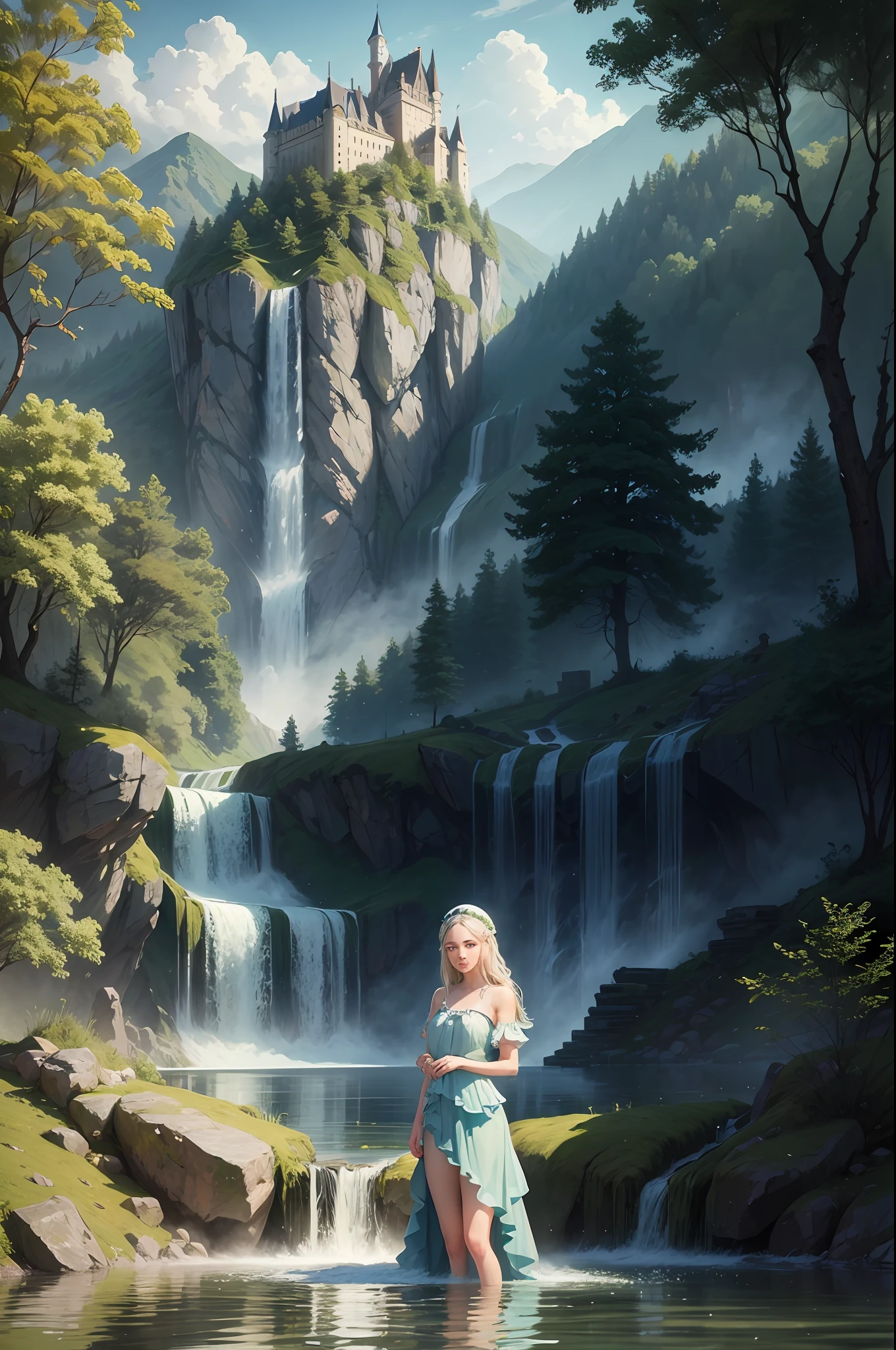 portrait, looking at viewer, water nymph rising from water, beautiful lake, neutral expression, forest in background, waterfalls, castle in distance, digital art, best quality