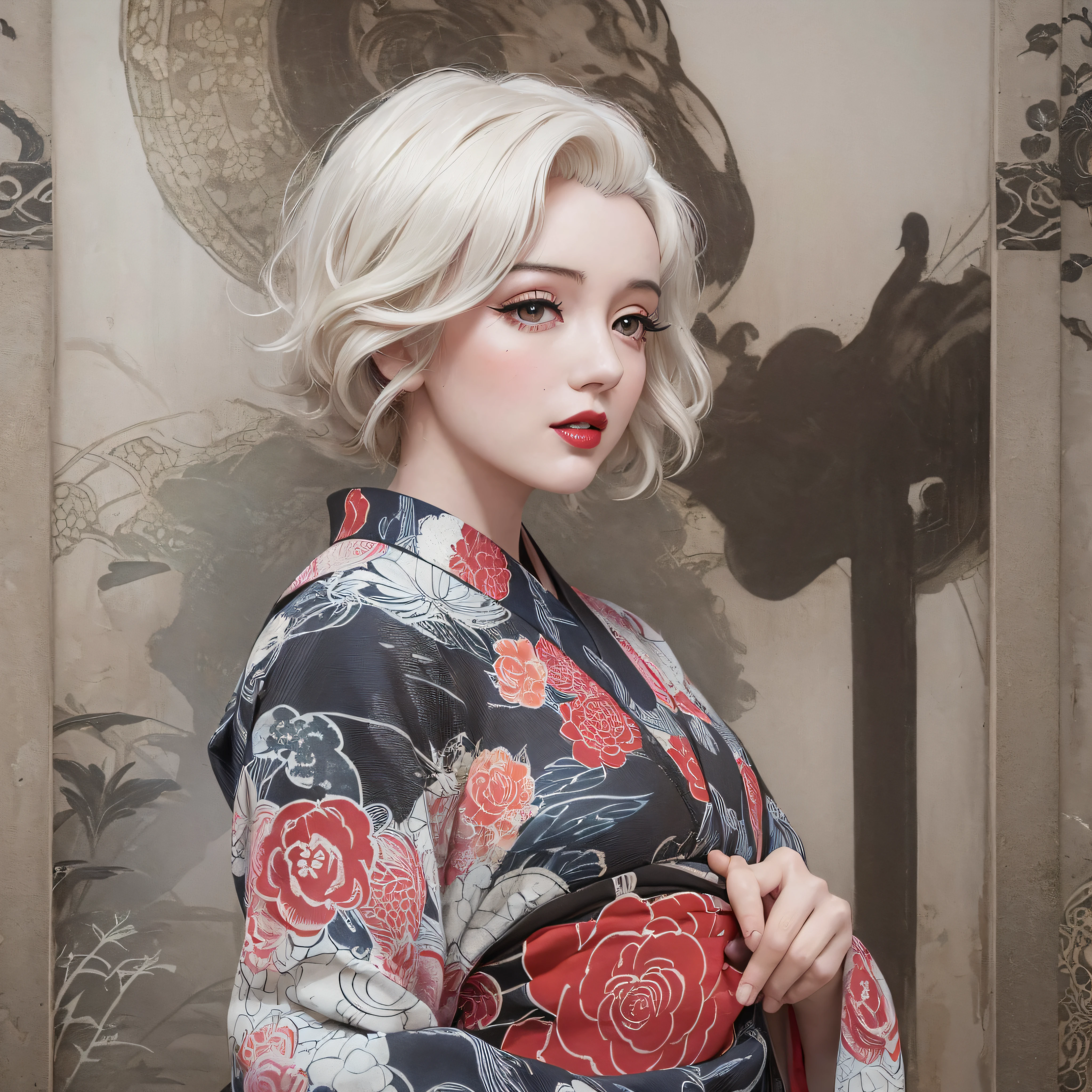 Alafor woman in a kimono with flowers in her hair ((Beautiful Marilyn Monroe face: 1.4)), an American woman, wearing a kimono with a traditional pattern of Japanese style, Japan, ((Ink painting of a dragon on the back: 1.6)), wearing Japanese style, makeup, red lips, white hair, slender body, wearing long sleeves inside the kimono, ((Fukuro obi and obijime: 1.4)), bewitching pose, top quality, masterpiece, (Adult: 1.6), (High Definition Skin: 1.4), (RAW Photo, Best Quality), (Realistic, Photorealistic: 1.7), Fresh Wind, Tea Room Through the Trees, (Detailed Skin), Realistic Texture, Muffled Light, Dense Skin, Optimal ratio of Four Fingers to One Thumb, 46 points of diagonal bangs,