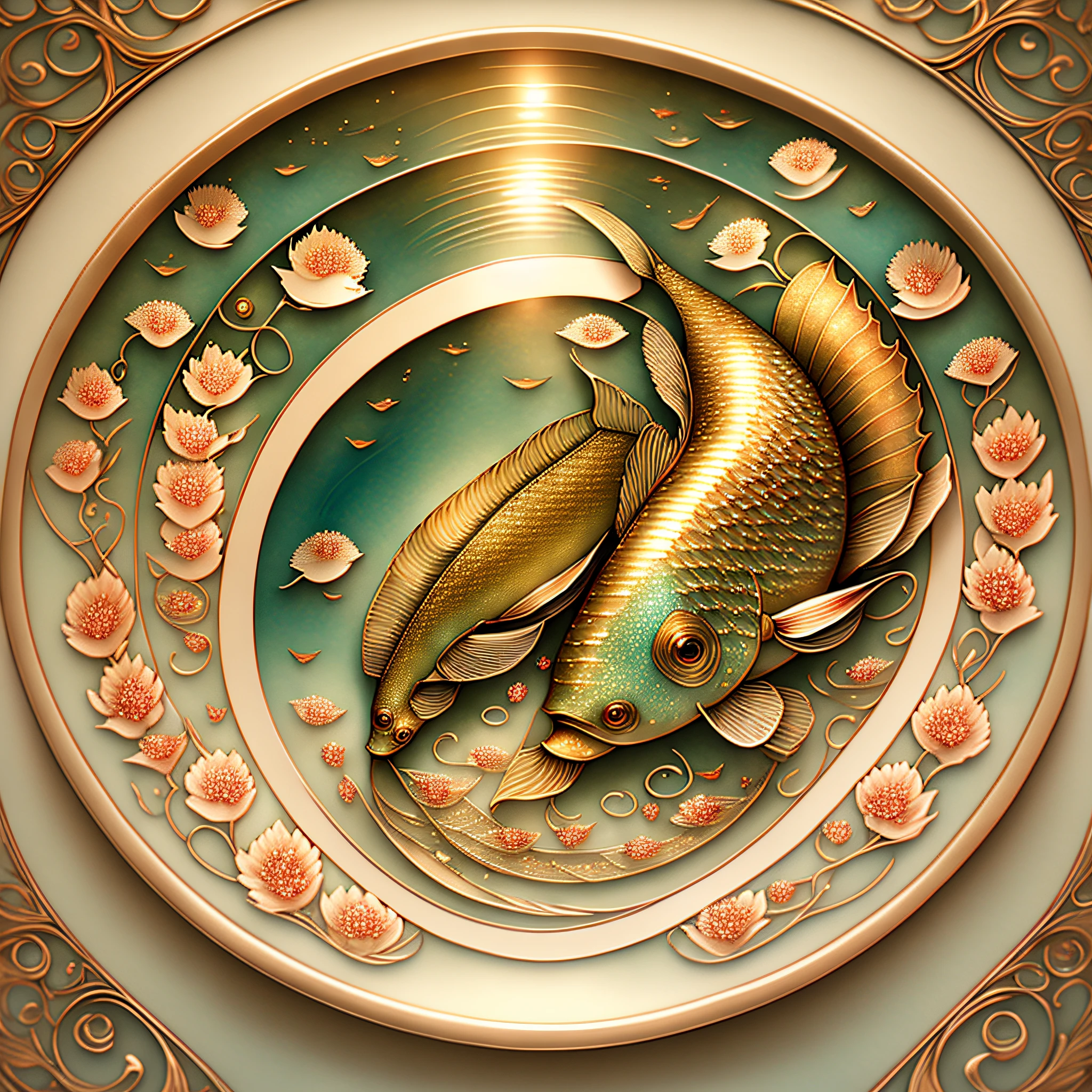 Two beautiful carps swimming in the water, meet, intricate details, breathtaking renderings, in a radiant connection, inspired by Kinuko Y. Craft, magical elements, carp icons,