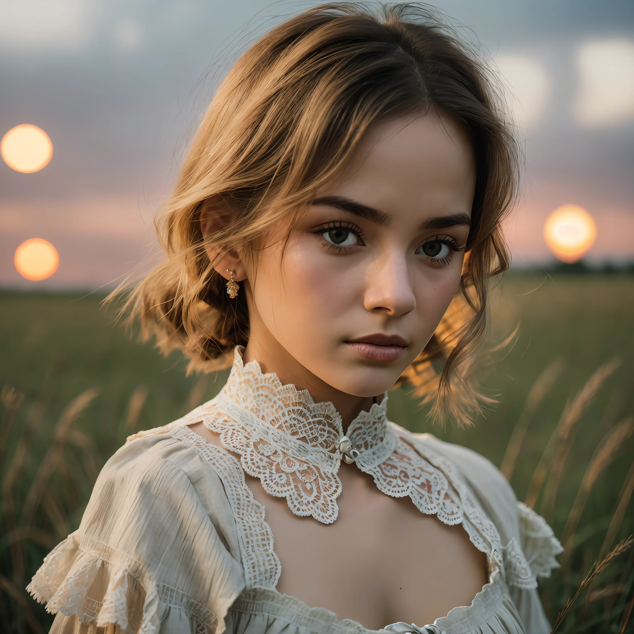 wide angle photo photograph closeup close up body portrait of a Afghan pale girl (Honey Blonde long Cropped Cut Haircut), (posing outside amidst an intricate Grassland prairie shore outside Chengdu:1.1), crowded street with cafes in the distance, cold dark sunset at dusk, flare, orange red glow, (rim light:1.1), (wearing Linen-cotton blend Slate gray victorian collar ornate lace and long gloves:1.1) garter,  (little chest), (Hands behind her head), (focus on the eyes), angelic, beautiful face, (annoyed look), (harsh light on skin:1.2), (hard shadows, dark theme, unlit, dim lighting, deep contrast:1.1), (Annie Liebovitz portrait photography), Mint and coral aesthetic  dark theme, (skin imperfections, freckled:0.4) --auto --s2