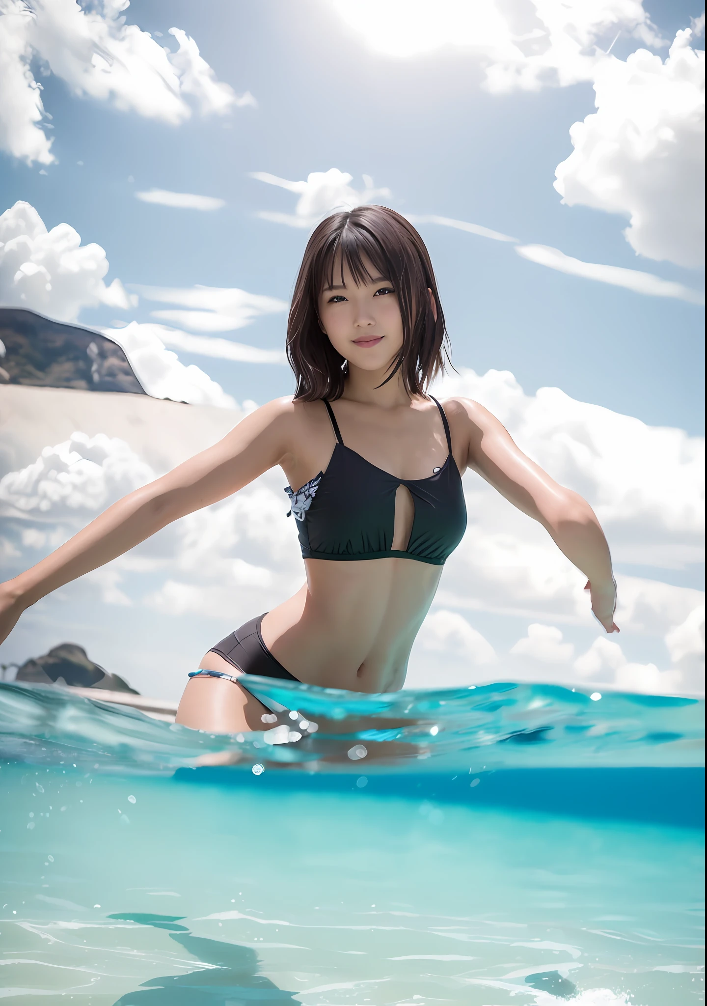 ((top quality, 8k, masterpiece: 1.3)), 1 girl, Japan person, face completely kept from the original image: 1.4, changed a swimsuit with white dot pattern to black bikini on black: 1.4, slender beauty of actress level: 1.3, small breasts: 1.2, artistically transparent nipple: 1.2, 8 life, transparent, as if a famous actress, transparent fair skin, only below the knees in the sea, cloudy sky