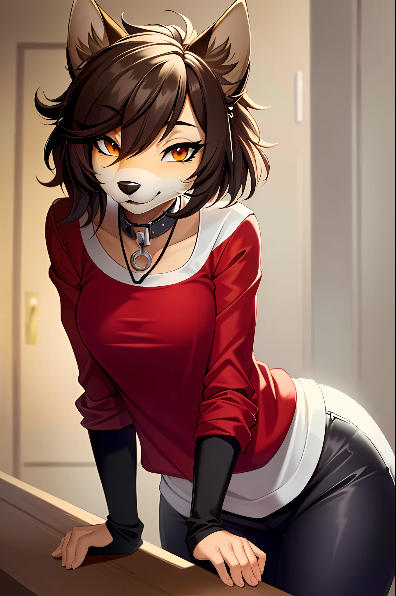 ((masterpiece, best quality)), (anthro furry:1.3, muzzle:1.2, anthro:1.3, furry:1.2, closeup:1.2, female solo:1.2, neckline, leaning forward, smile, red), no blouse, sweatpants,transparent blouse