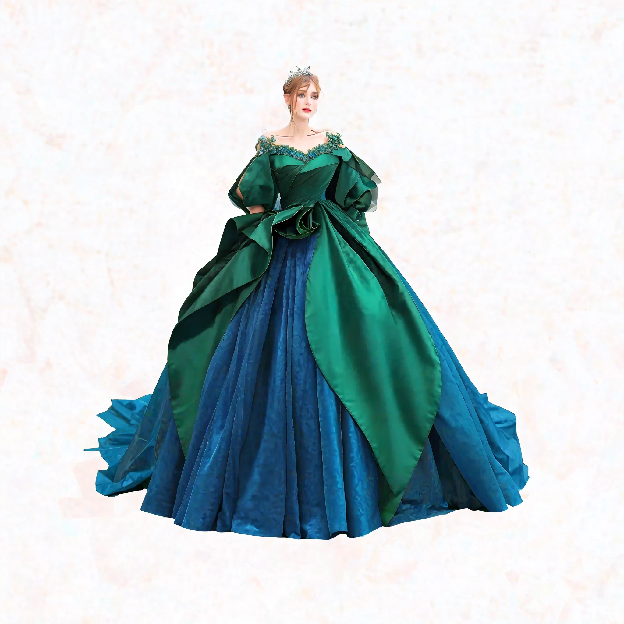 arafed image of a woman in a green and blue dress, flowing gown, royal gown, gown, fantasy long intricate gown, dressed beautiful gown, ombre velvet gown, long gown, digital art of an elegant, detailed fashion illustration, luxury fashion illustration, half-turned lady in evening gown, 2 d cg, turqouise, royal dress, magical dress