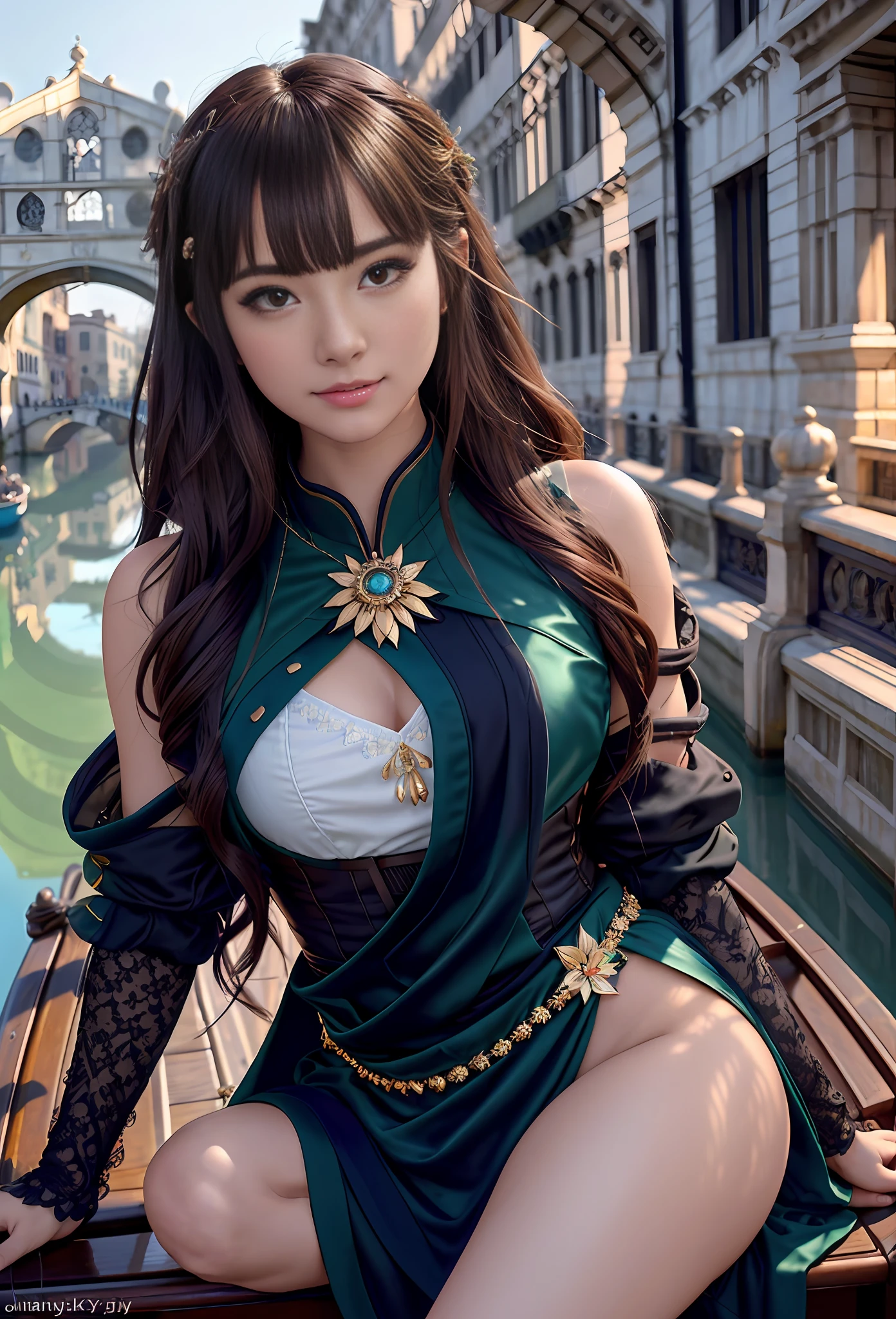 modelshoot style, (extremely detailed CG unity 8k wallpaper), full shot body photo of the most beautiful artwork in the world, stunningly beautiful photo realistic cute women, a hyper realistic ultra detailed photograph of a beautiful girl as a female 2020s dancer on the boat of 2020s Venice,(Bridge Of Sighs background),(princess eyes,shiny pupils), detailed symmetric beautiful hazel eyes, detailed gorgeous face,highly detailed, vibrant,professional majestic oil painting by Ed Blinkey, Atey Ghailan, Studio Ghibli, by Jeremy Mann, Greg Manchess, Antonio Moro, trending on ArtStation, trending on CGSociety, Intricate, High Detail, Sharp focus, dramatic, photorealistic painting art by midjourney and greg rutkowski