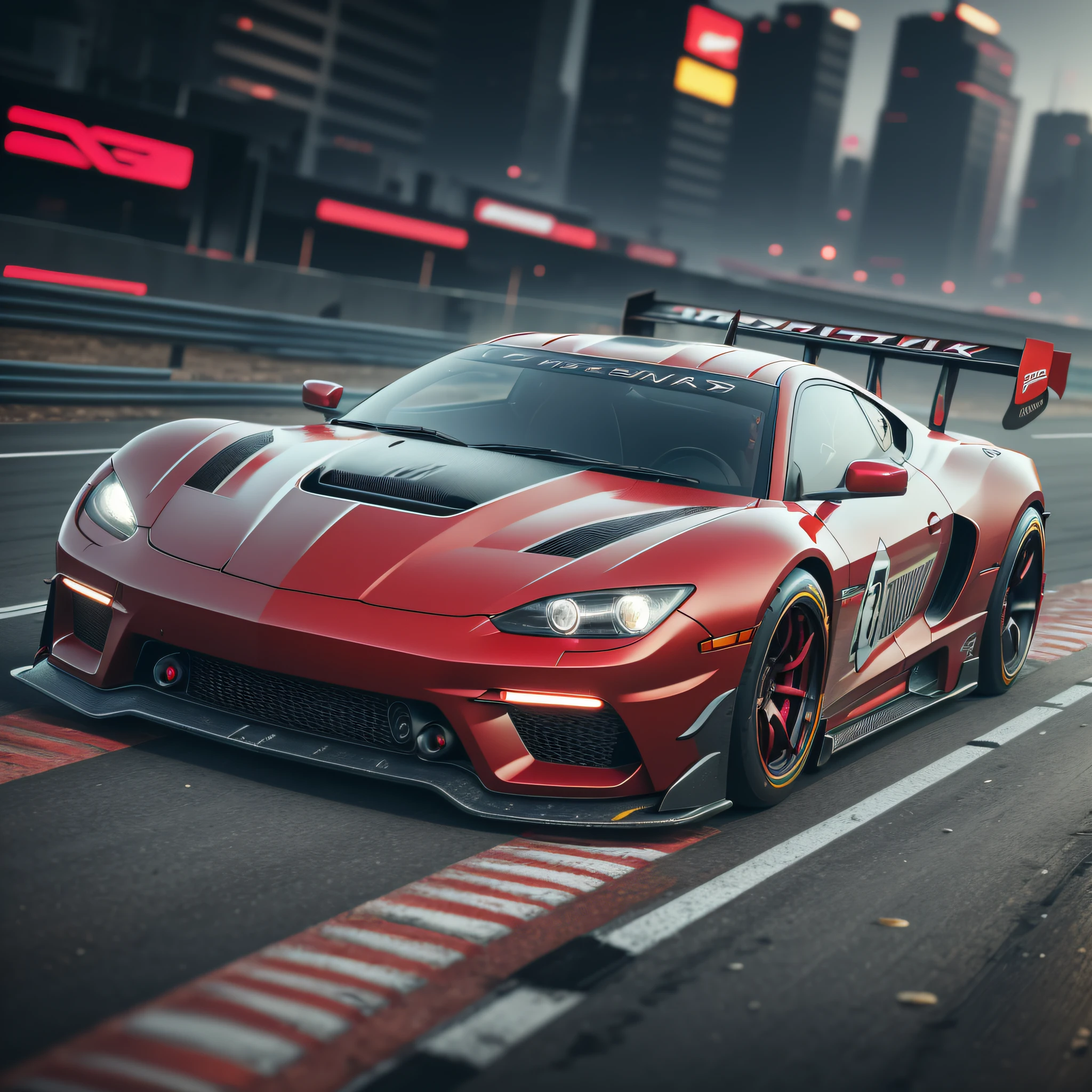Red tuned car in cyberpunk style racing (masterpiece: 1.2) (photorealistic: 1.2) (bokeh) (best quality) (detailed skin) (intricate) (8k) (HDR) (cinematic lighting) (sharp focus) --auto --s2