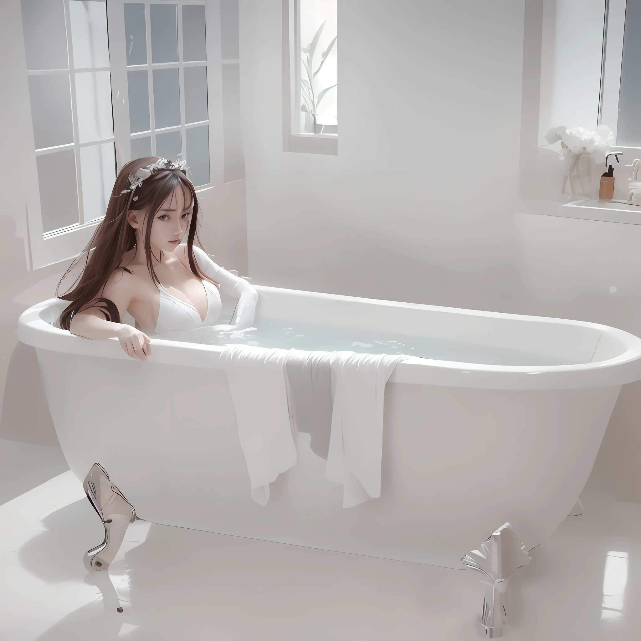 there is a woman in a white dress standing in a bathtub, in bathroom, guweiz, zerochan art, bathtub, guweiz on pixiv artstation, bleeding in the bath, artwork in the style of guweiz, by Shingei, guweiz on artstation pixiv, soft anime illustration, anime art wallpaper 8 k