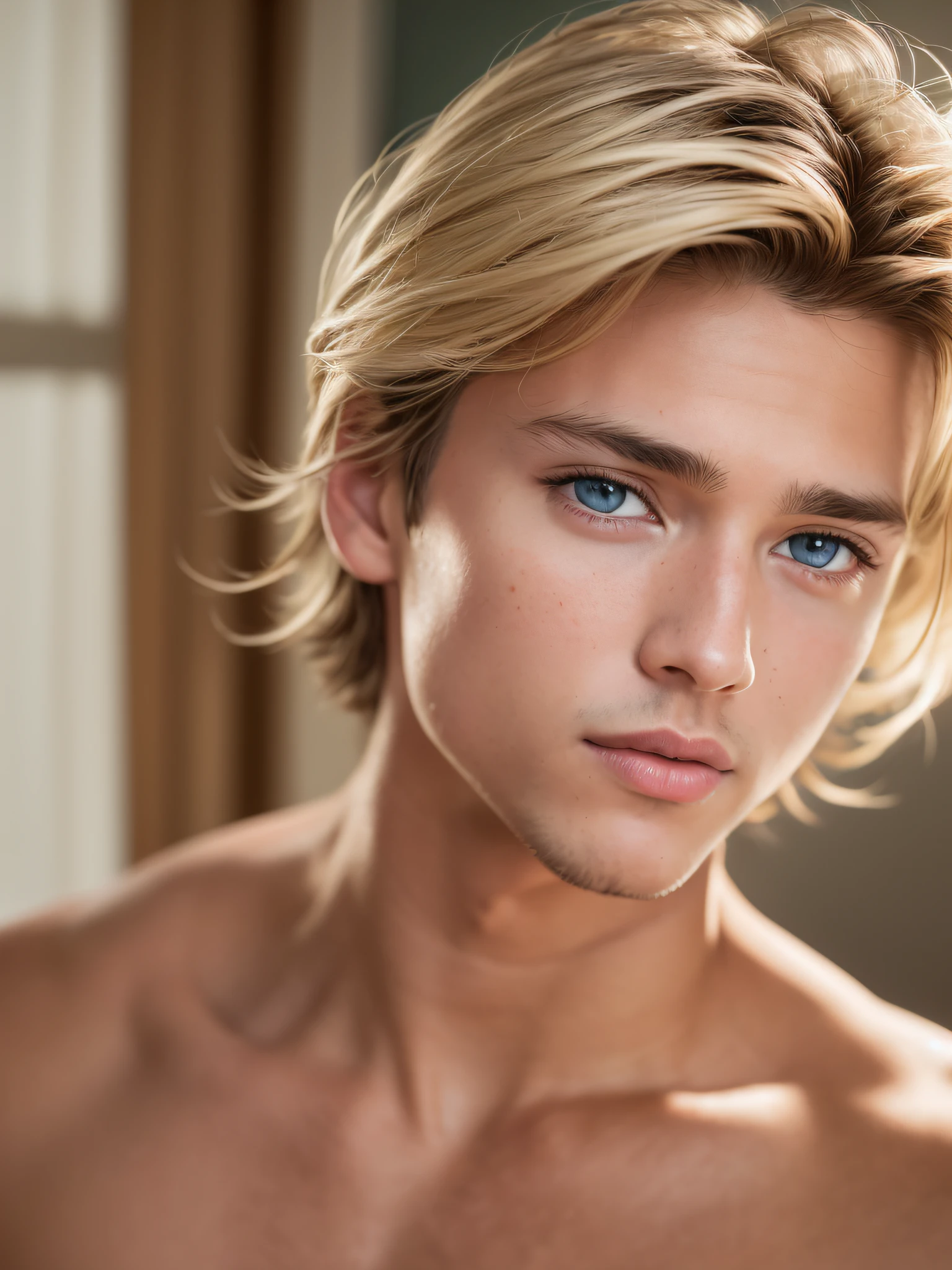 (RAW photo, best quality), (realistic, photo-realistic:1.3), (high detailed skin:1.2), MASTERPIECE, maximum quality, Super Detailed, (professional photo), Amazing, finely detail, huge filesize, ultra-detailed, highres, absurdres, there is a young boy with blond hair and blue eyes in a bed, Room background, western boy, handsame, cute, smile, hot, male model, Beautiful Detailed Eyes, realistic faces, realistic body, light tan skin, sexy masculine, thin, skinny, big bulge , big rounded ass, Look at your audience, (1 person, mature face), natural, close up shot, soft light, by Adam Dario Keel, Canon 5D, ISO 6400, photography,