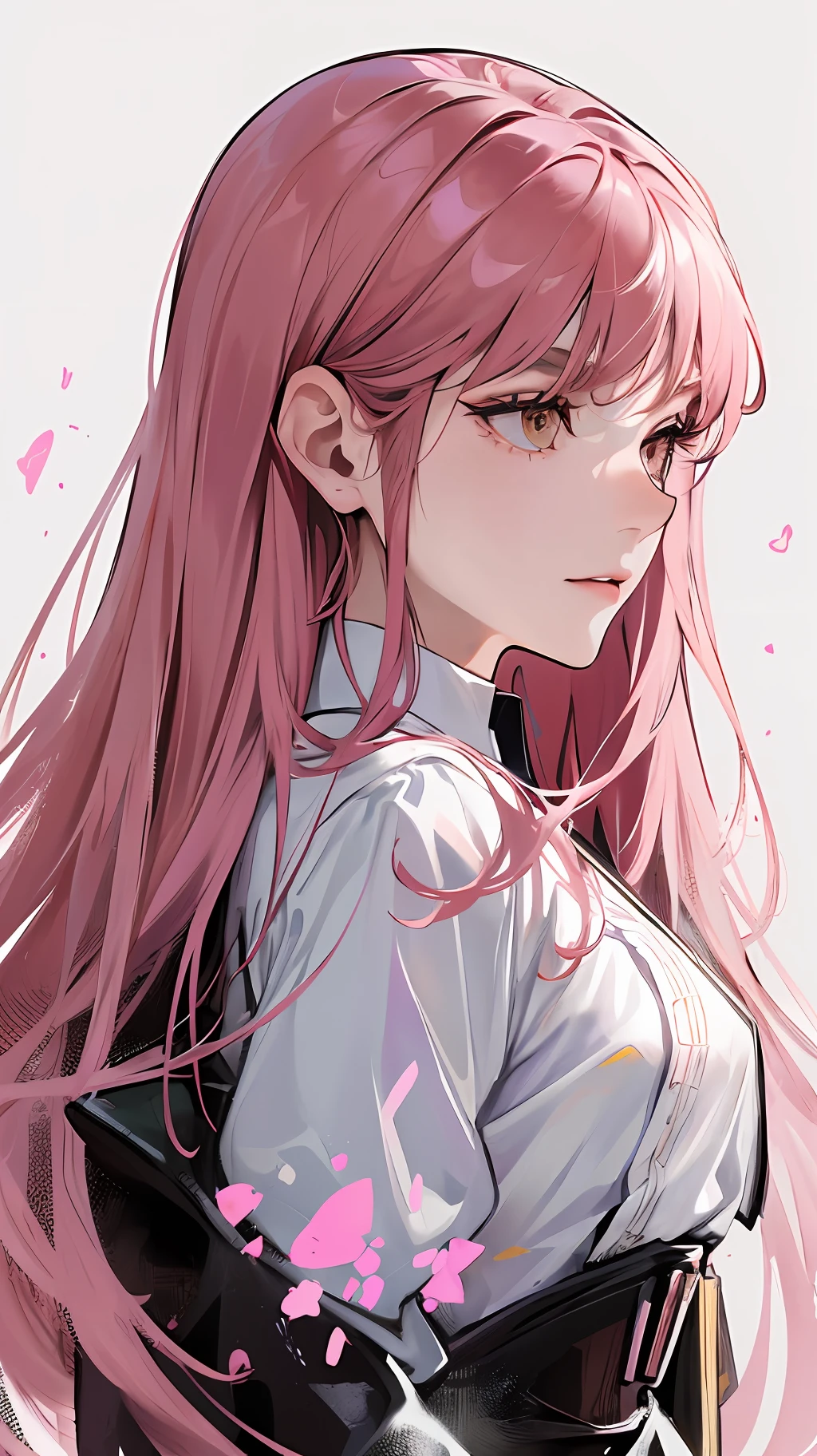 (highest resolution, distinct_image) best quality, feminine masterpiece, high detail, semi-realistic, (most body), long pink hair, bangs, 18 years old, young, black fit, five fingers, pink-purple flight suit, stand up collar shirt, pointed face, (brown eyes, hair between the eyebrows), fluorescent long coat (broken glass), (pure white background), cold, serious, authoritative, powerful, (standing painting), (delicate facial features, delicate facial features)