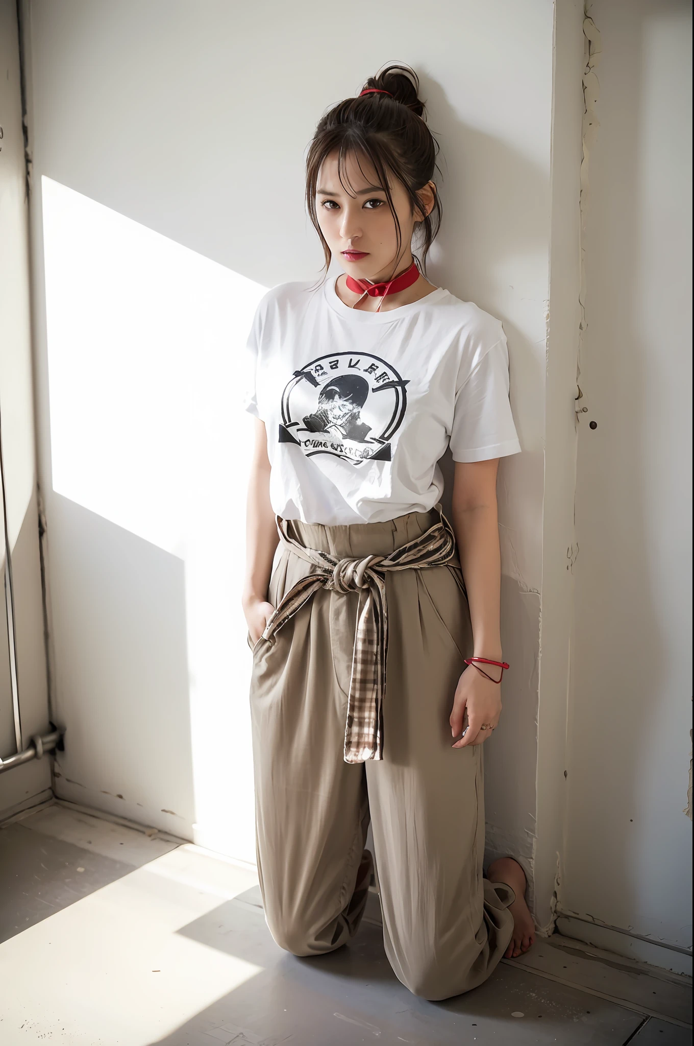 (8k:1.27), best quality, masterpiece, ultra highres:1.2), lesbian delinquent girl with arm tattoos, tattooed girl, full body picture, dirty old white oversized knotted prisoner t-shirt, dirty big t-shirt, short big sleeves, beige prisoner pants tied with a rope, wearing dirty old goth clothes, dyed bright long red hair with back ponytail, kneeling in a prison cell, handcuffed, hands tied with rope behind body, submissive neck choker and checkered keffiyeh scarf in neck, 4k or 8k picture, looking at the floor down very sad, very sad face, praying, paisley bandana pirate style headscarf, smelly, barefoot, rope hanging from ceiling, tattooed body
