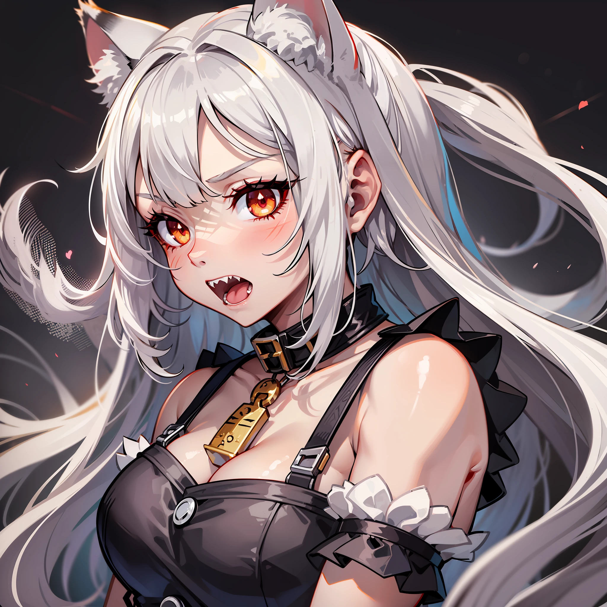 A girl, (white hair: 1.5), cat ears, long hair, upper body, red eyes, cat pupils, tiger skin pattern, fierce expression, slightly open mouth, fangs, tiger teeth, upper body, flat chest, (white suspenders: 1.5) clawed hands