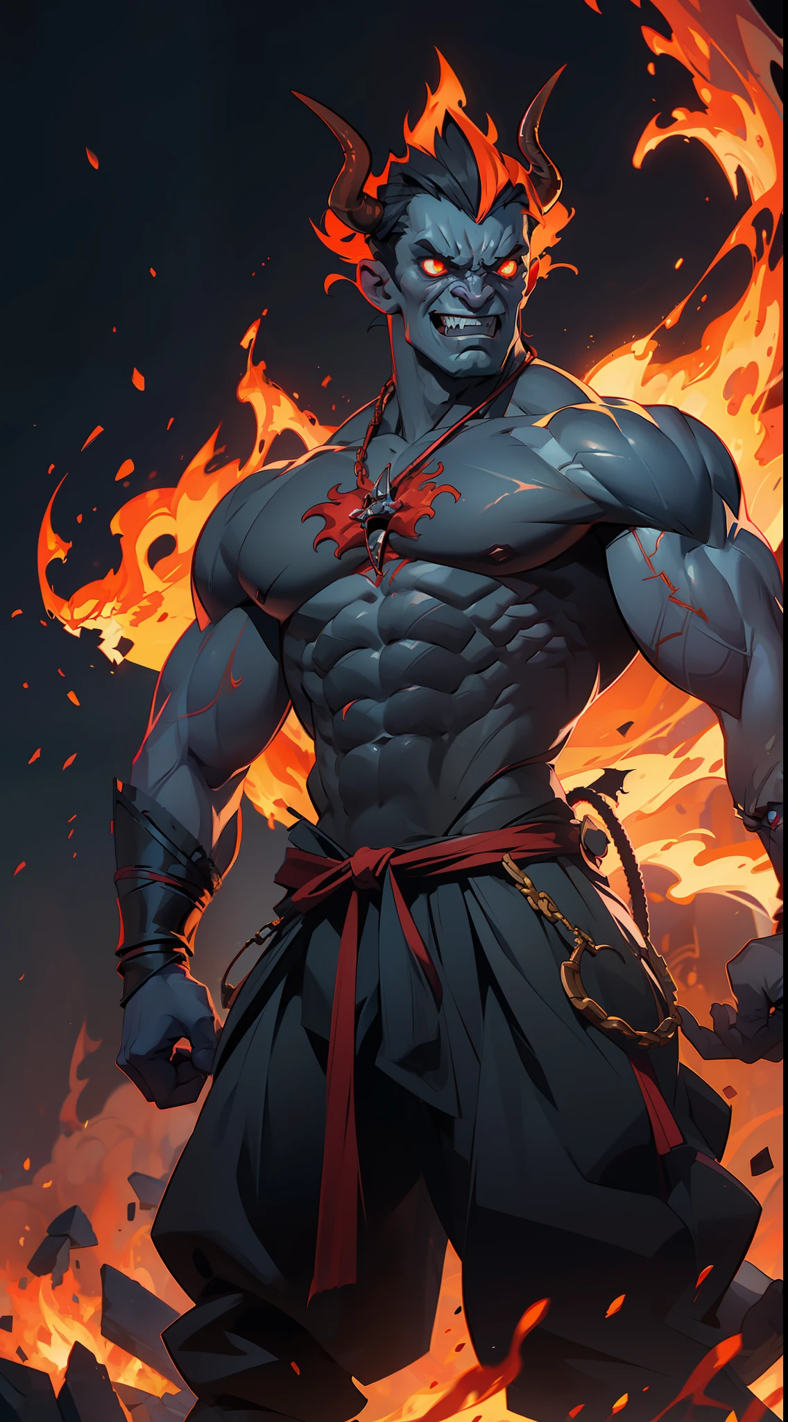 a very evil demon, powerful, extremely strong body, very muscular, (((in the background hell, gushing fire))).