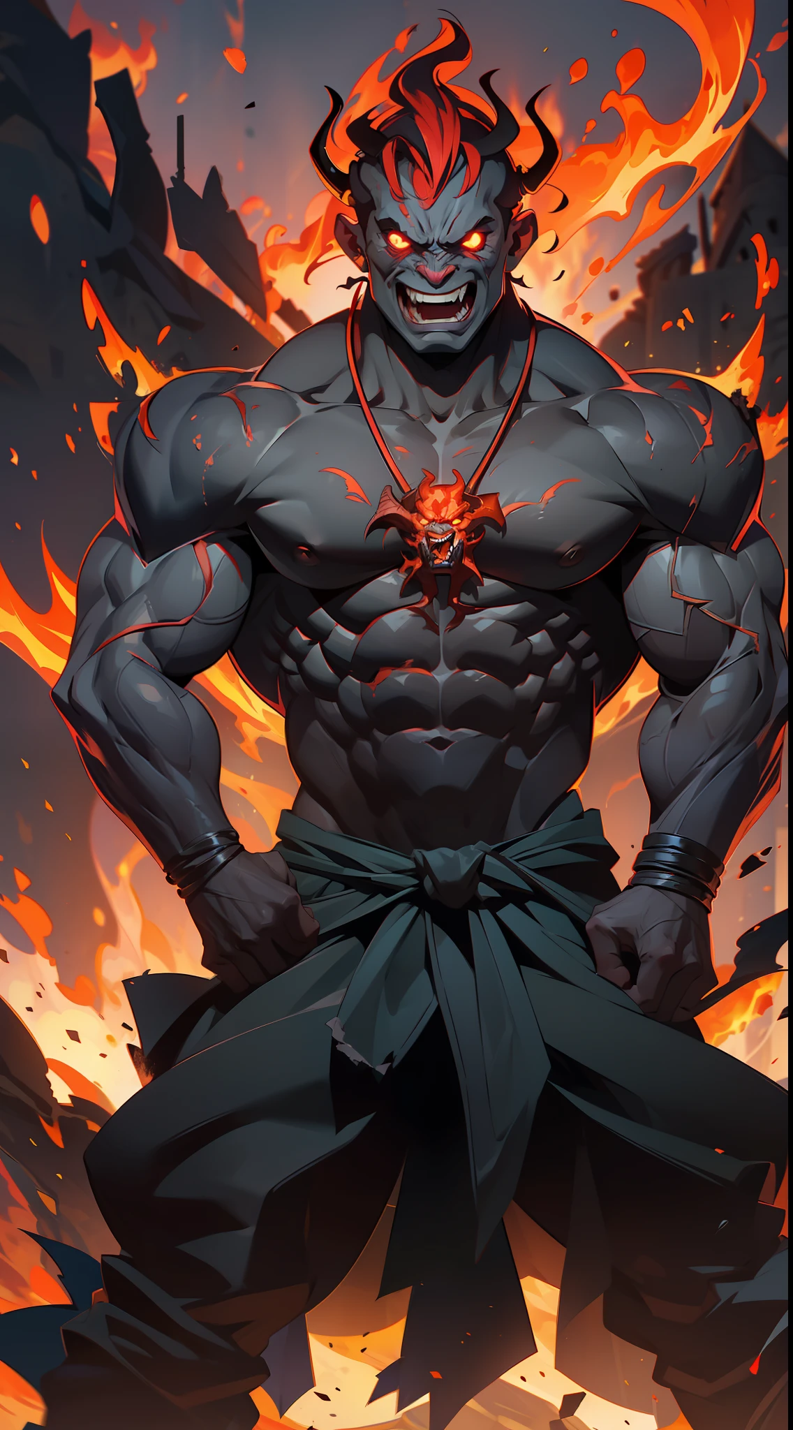 a very evil demon, powerful, extremely strong body, very muscular, (((in the background hell, gushing fire))).