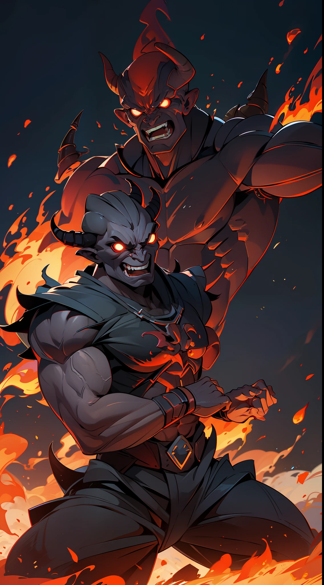 a very evil demon, powerful, extremely strong body, very muscular, (((in the background hell, gushing fire))).
