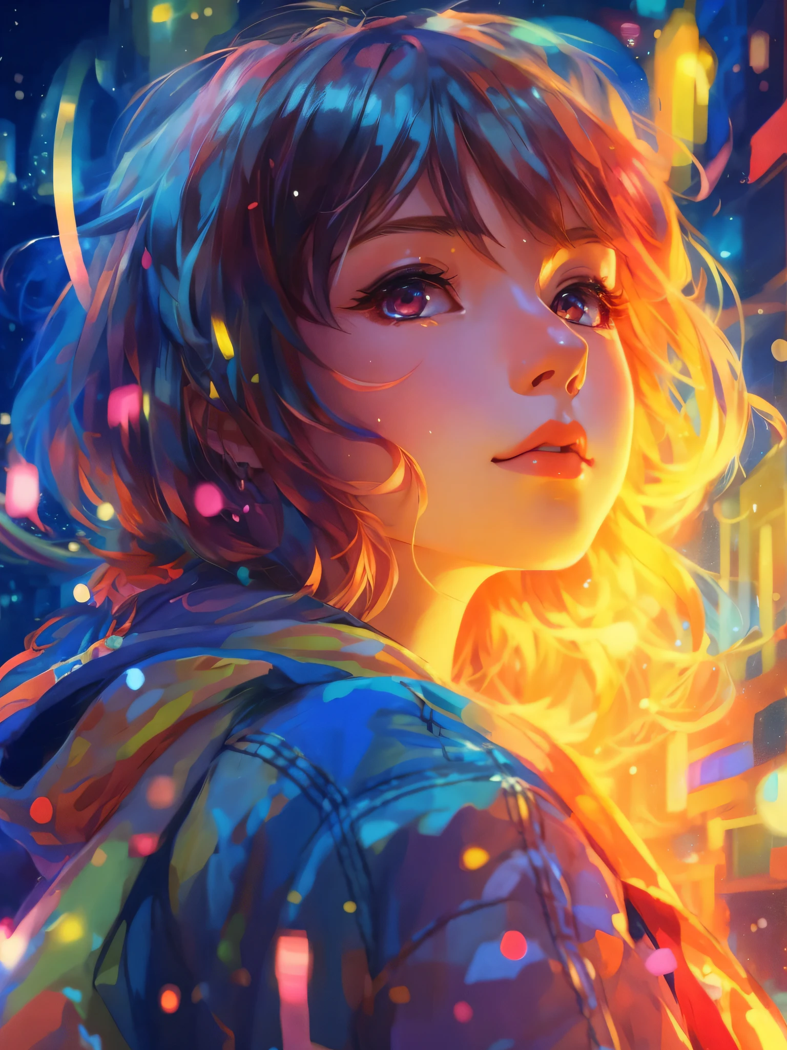 a girl with a bright hair and a blue jacket looks at the camera, inspired by Yuumei, digital anime art, colorful digital painting, rossdraws cartoon vibrant, anime style 4 k, alice x. zhang, by Yuumei, digital anime illustration, beautiful anime portrait, vibrant digital painting, detailed digital anime art, anime digital art