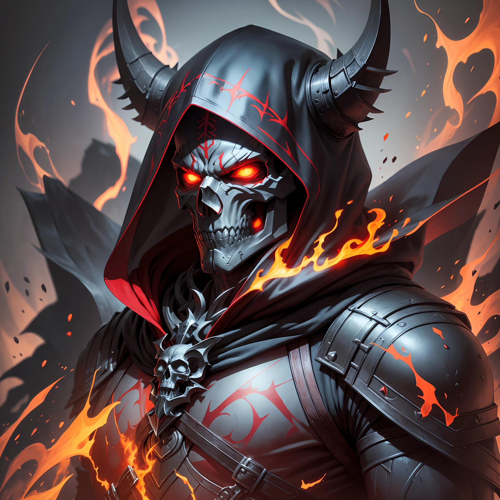 A villain man, intricate details, strong body, skull head, red eyes, wearing hood, colors, realistic, burning background, FHD --auto --s2