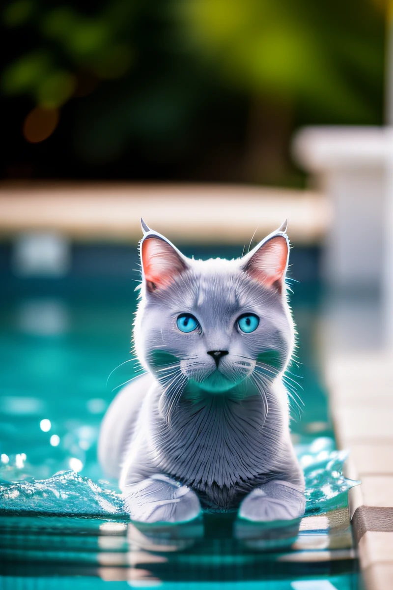 Cute Russian Blue cat kitten,swimming in the pool,body is wet,narrow eyes,smile,eos r3 28mm