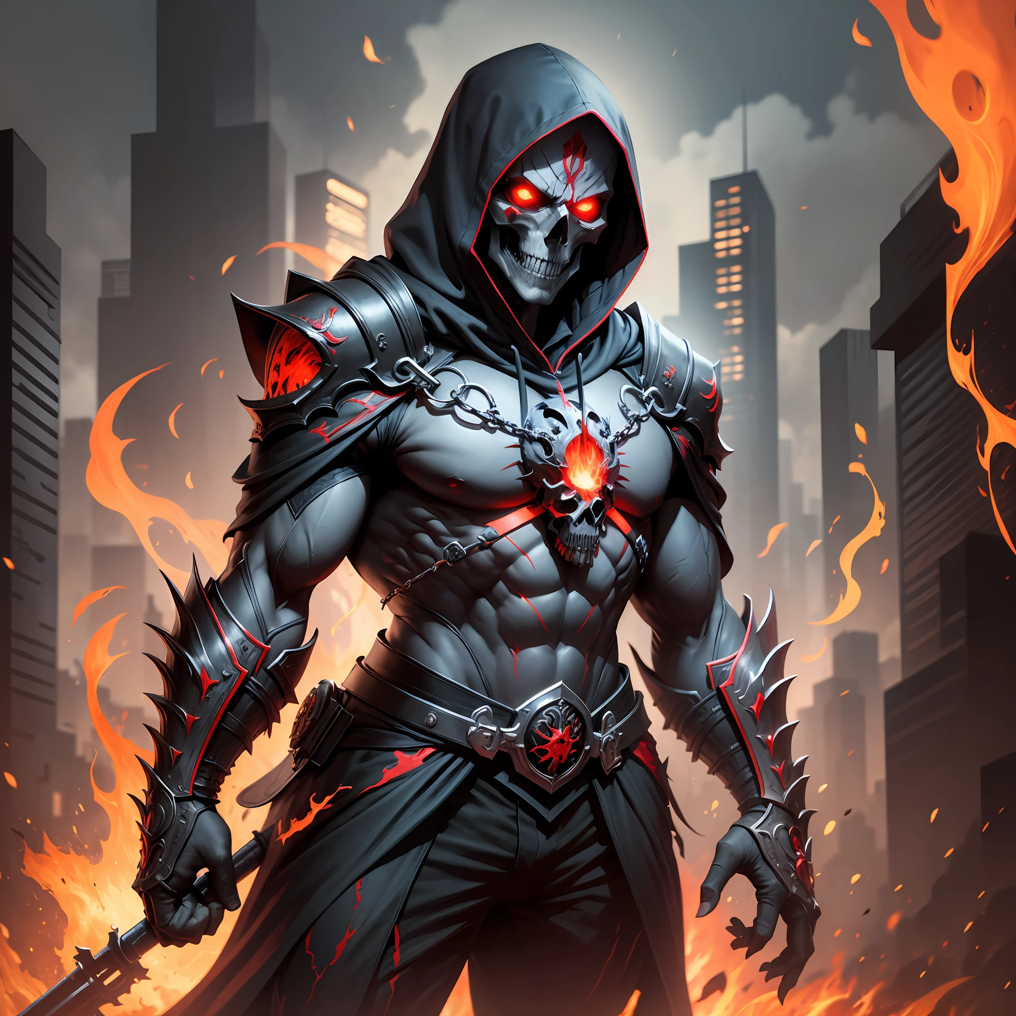 A villain man, intricate details, strong body, skull head, red eyes, wearing hood, colors, realistic, burning background, FHD --auto --s2