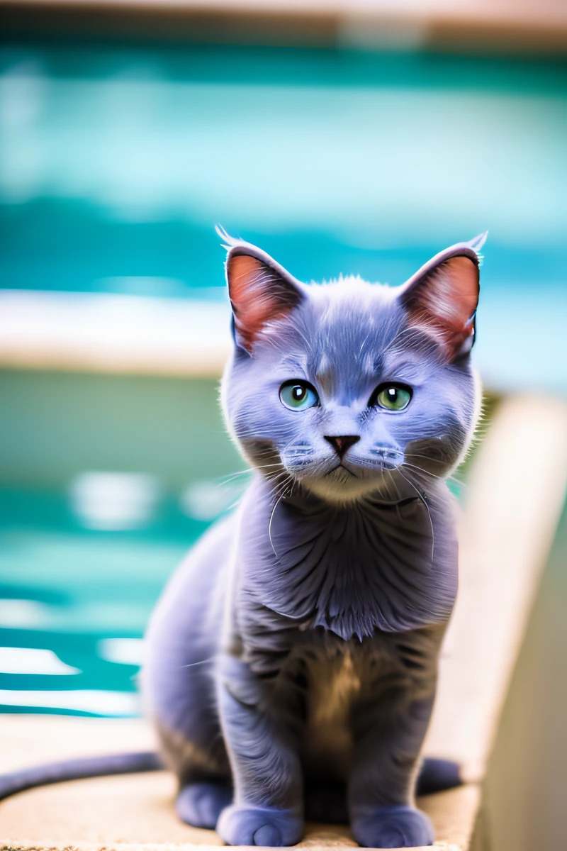 Cute Russian Blue cat kitten,swimming in the pool,body is wet,narrow eyes,smile,eos r3 28mm